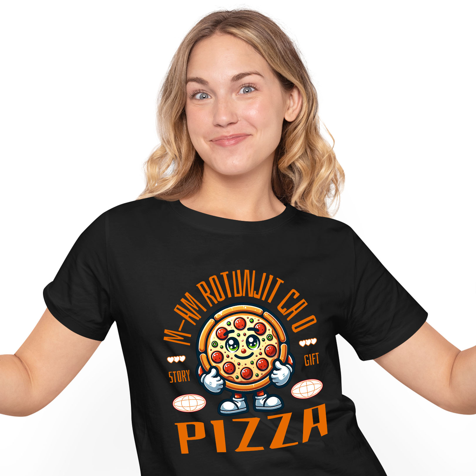 Tricouri - Tricou Femei, Barbati, Copii, Fata, Baiat, Unisex Personalizat Felie de pizza personalizată cu text amuzant „M-am rotunjit ca o pizza” – Cadou perfect pentru iubitorii de pizza