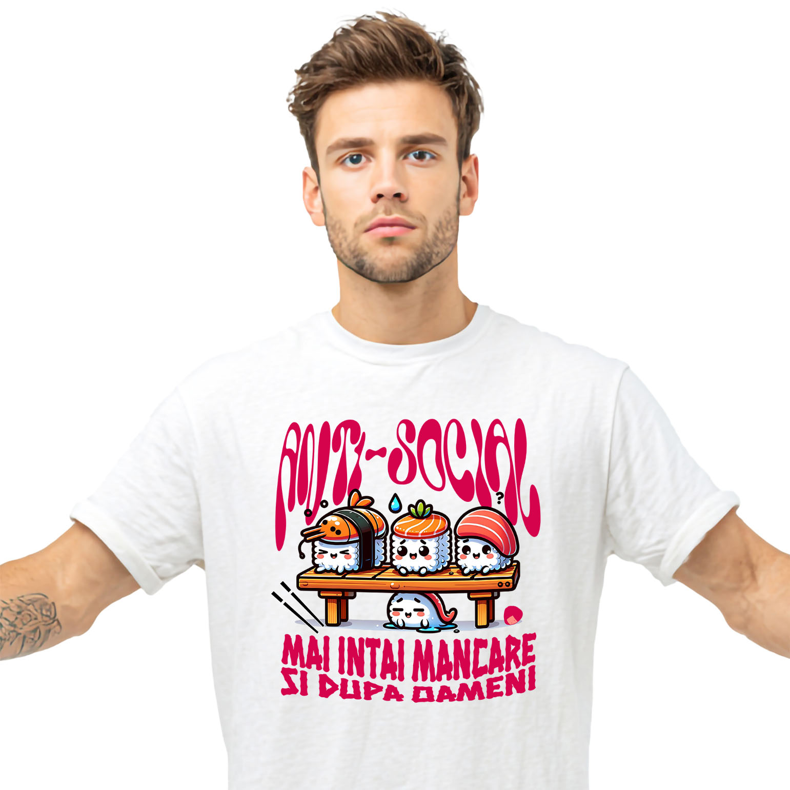 Mancare - Tricou Femei, Barbati, Copii, Fata, Baiat, Unisex Personalizat Sushi personalizat cu mesaj „Anti-social, mai întâi mâncare și apoi vorbim” – Cadou original pentru iubitorii de sushi