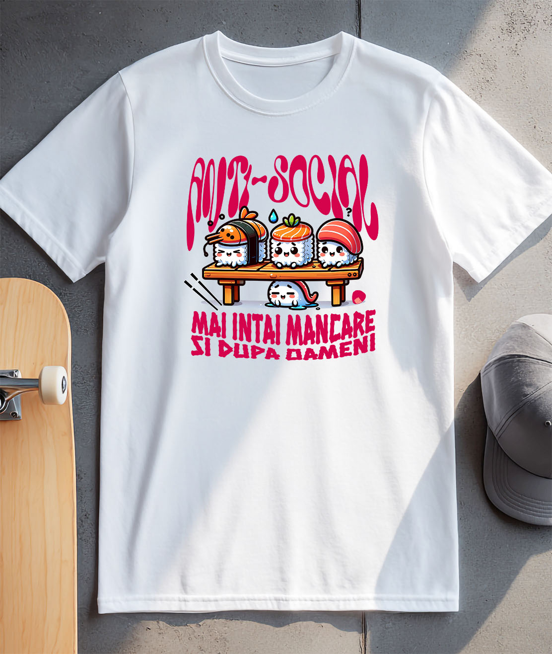 Tricou Femei, Barbati, Copii, Fata, Baiat, Unisex Personalizat Sushi personalizat cu mesaj „Anti-social, mai întâi mâncare și apoi vorbim” – Cadou original pentru iubitorii de sushi [2]