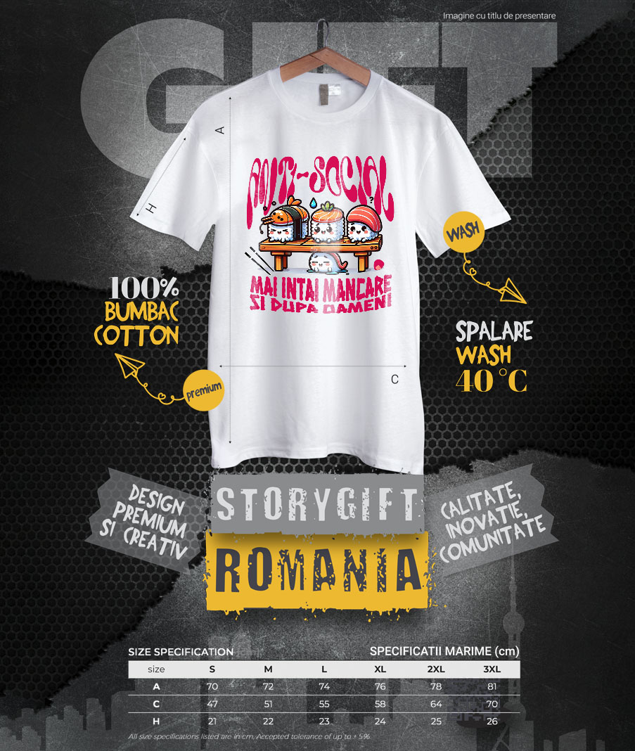 Tricou Femei, Barbati, Copii, Fata, Baiat, Unisex Personalizat Sushi personalizat cu mesaj „Anti-social, mai întâi mâncare și apoi vorbim” – Cadou original pentru iubitorii de sushi [3]
