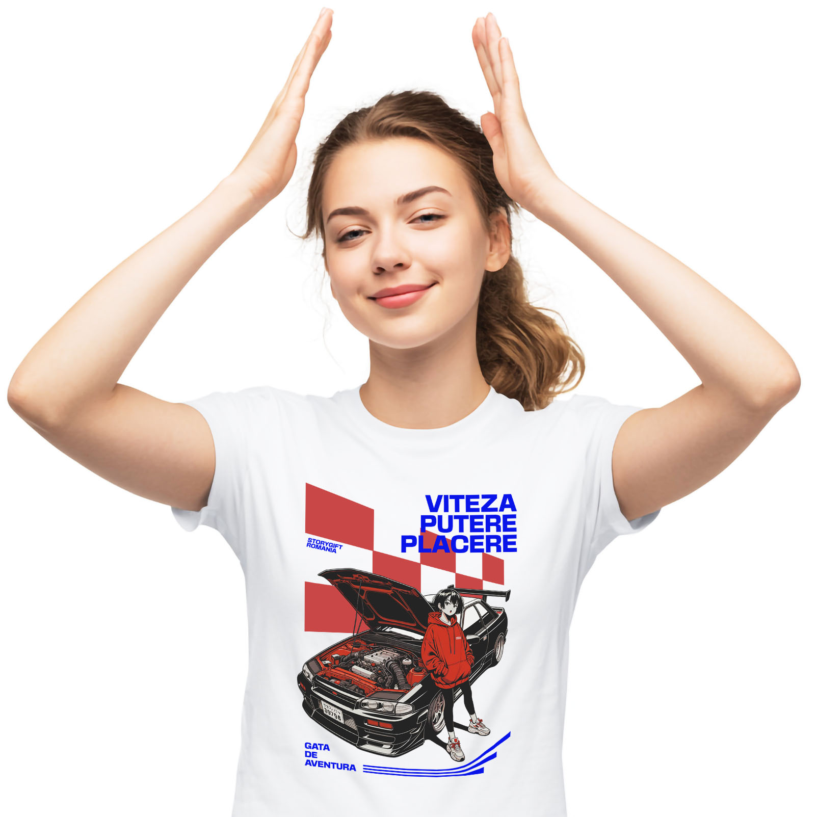 Tricou Femei, Barbati, Copii, Fata, Baiat, Unisex Personalizat Tricou Anime Auto – Fată cu Hanorac Roșu și Mașină Sport Puternică