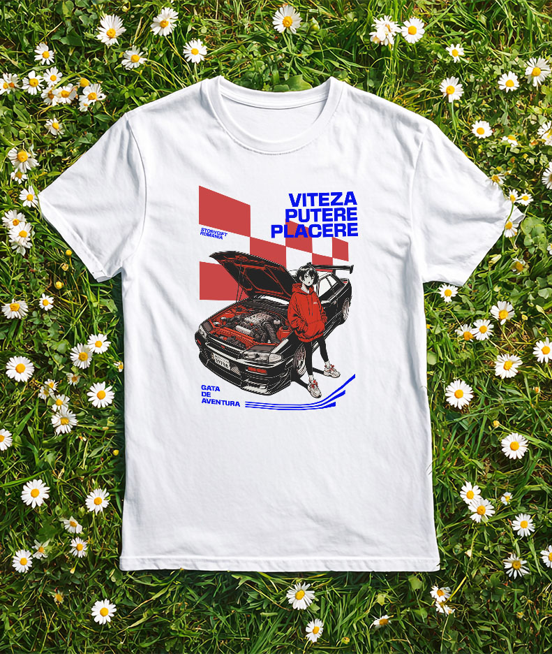 Tricou Femei, Barbati, Copii, Fata, Baiat, Unisex Personalizat Tricou Anime Auto – Fată cu Hanorac Roșu și Mașină Sport Puternică [2]