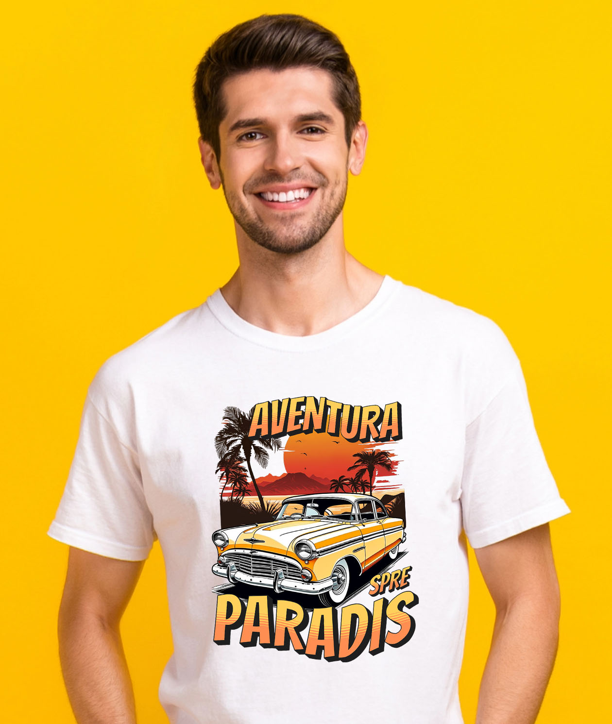 Tricou Femei, Barbati, Copii, Fata, Baiat, Unisex Personalizat Mașină Vintage Galbenă – Aventură Tropicală Spre Paradis [1]