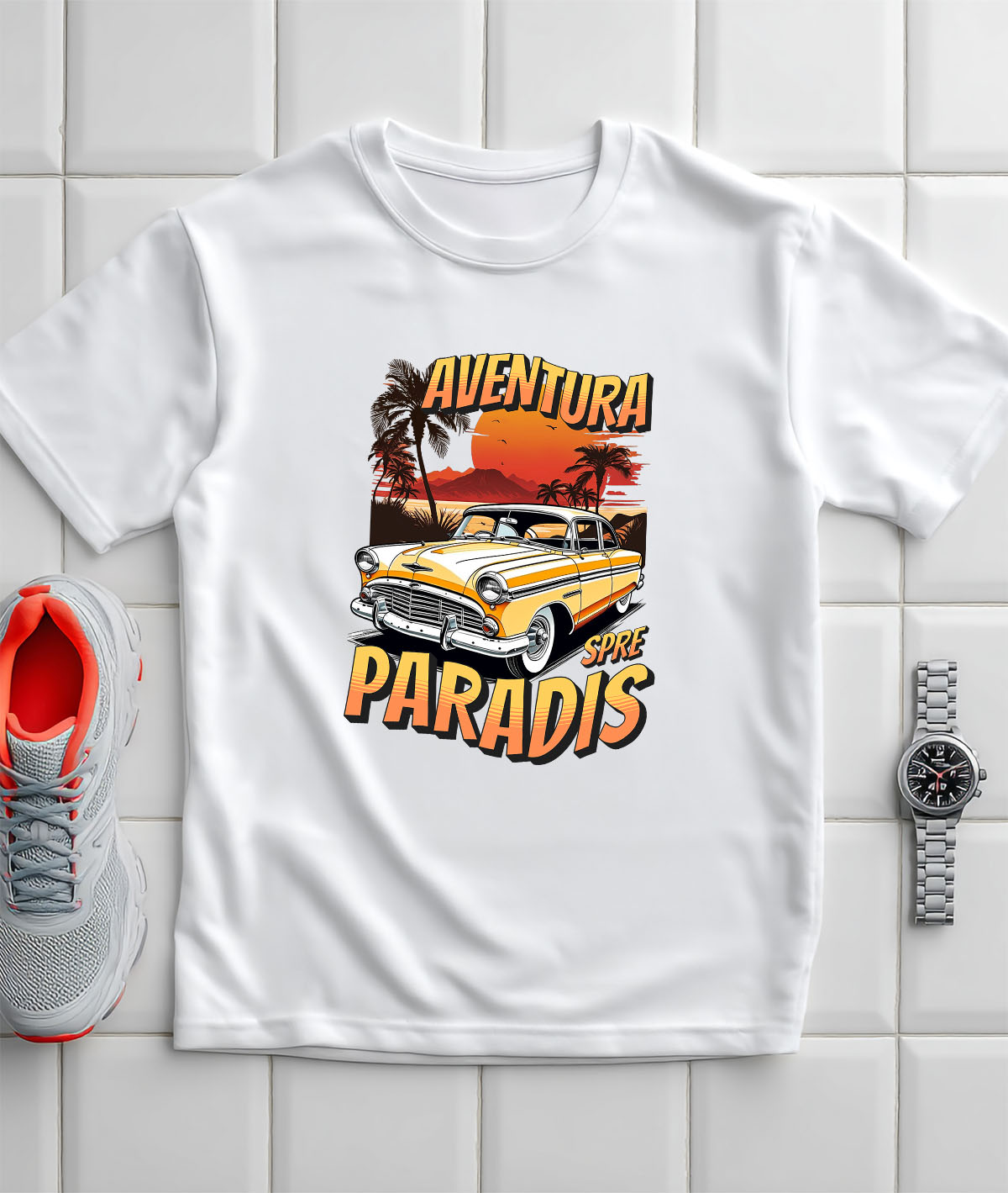 Tricou Femei, Barbati, Copii, Fata, Baiat, Unisex Personalizat Mașină Vintage Galbenă – Aventură Tropicală Spre Paradis [2]