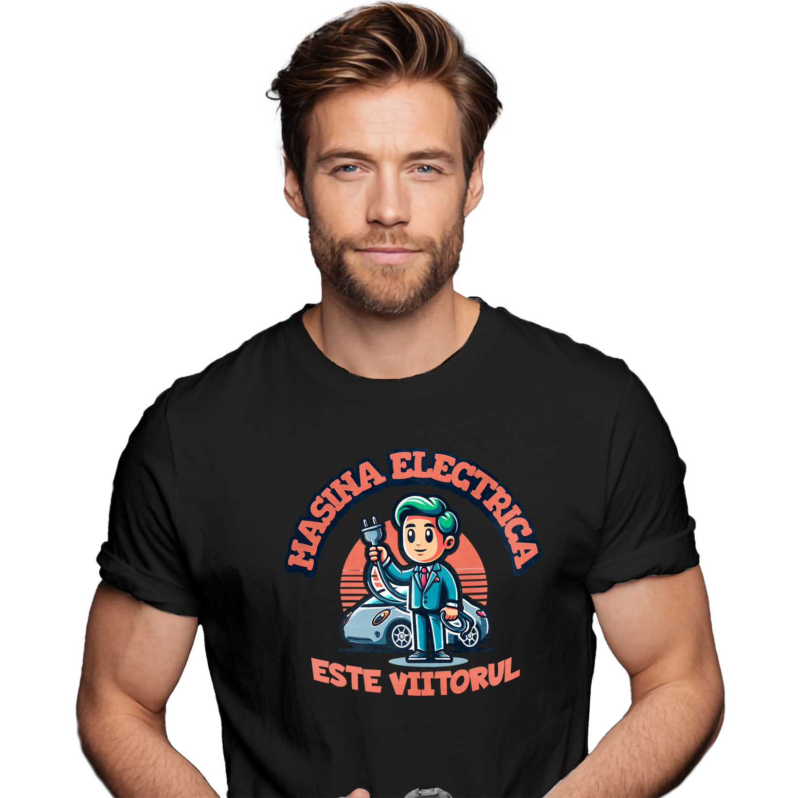 Tricou Femei, Barbati, Copii, Fata, Baiat, Unisex Personalizat Bărbat și Mașină Electrică – Viitorul Mobilității
