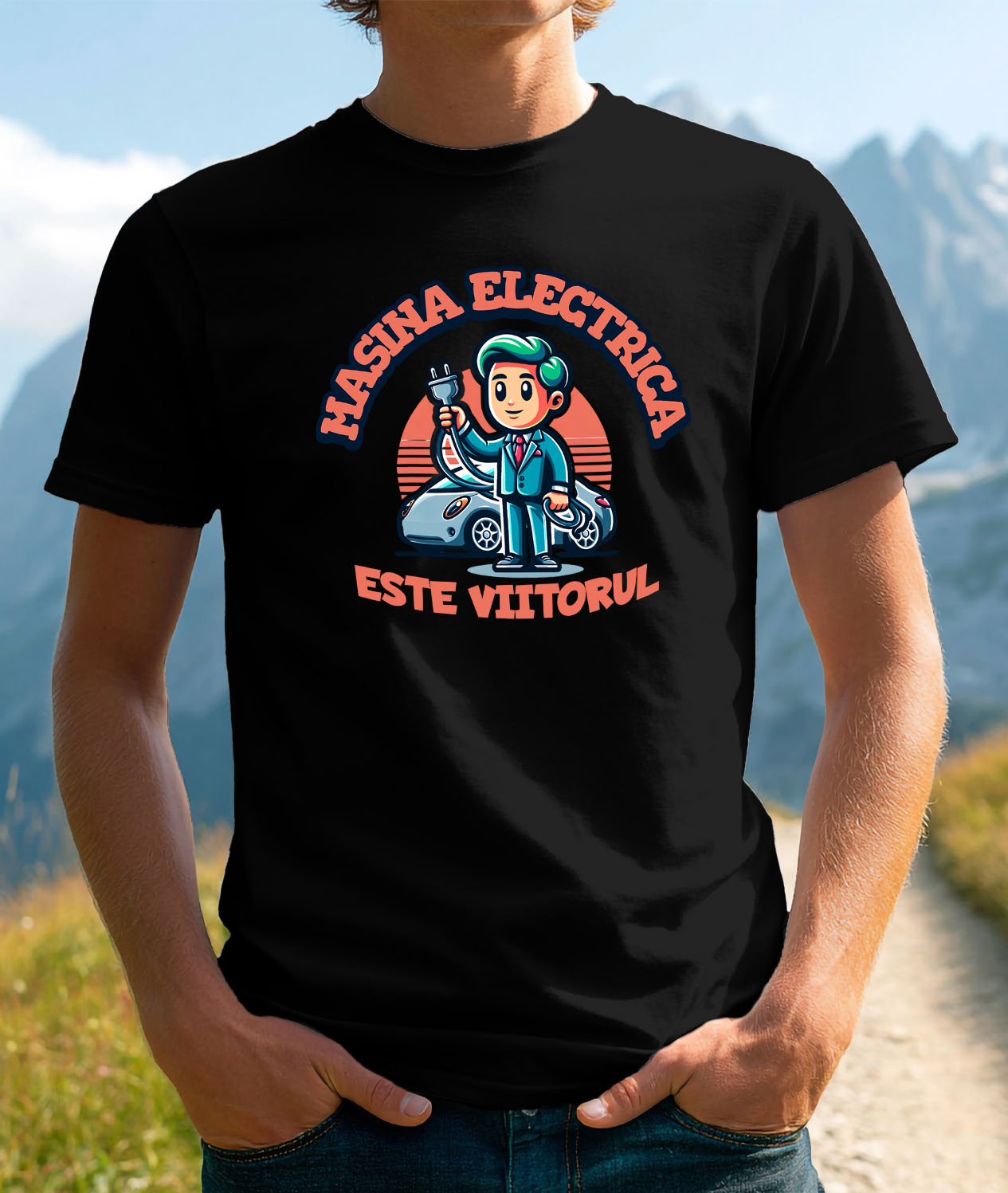 Tricou Femei, Barbati, Copii, Fata, Baiat, Unisex Personalizat Bărbat și Mașină Electrică – Viitorul Mobilității [1]