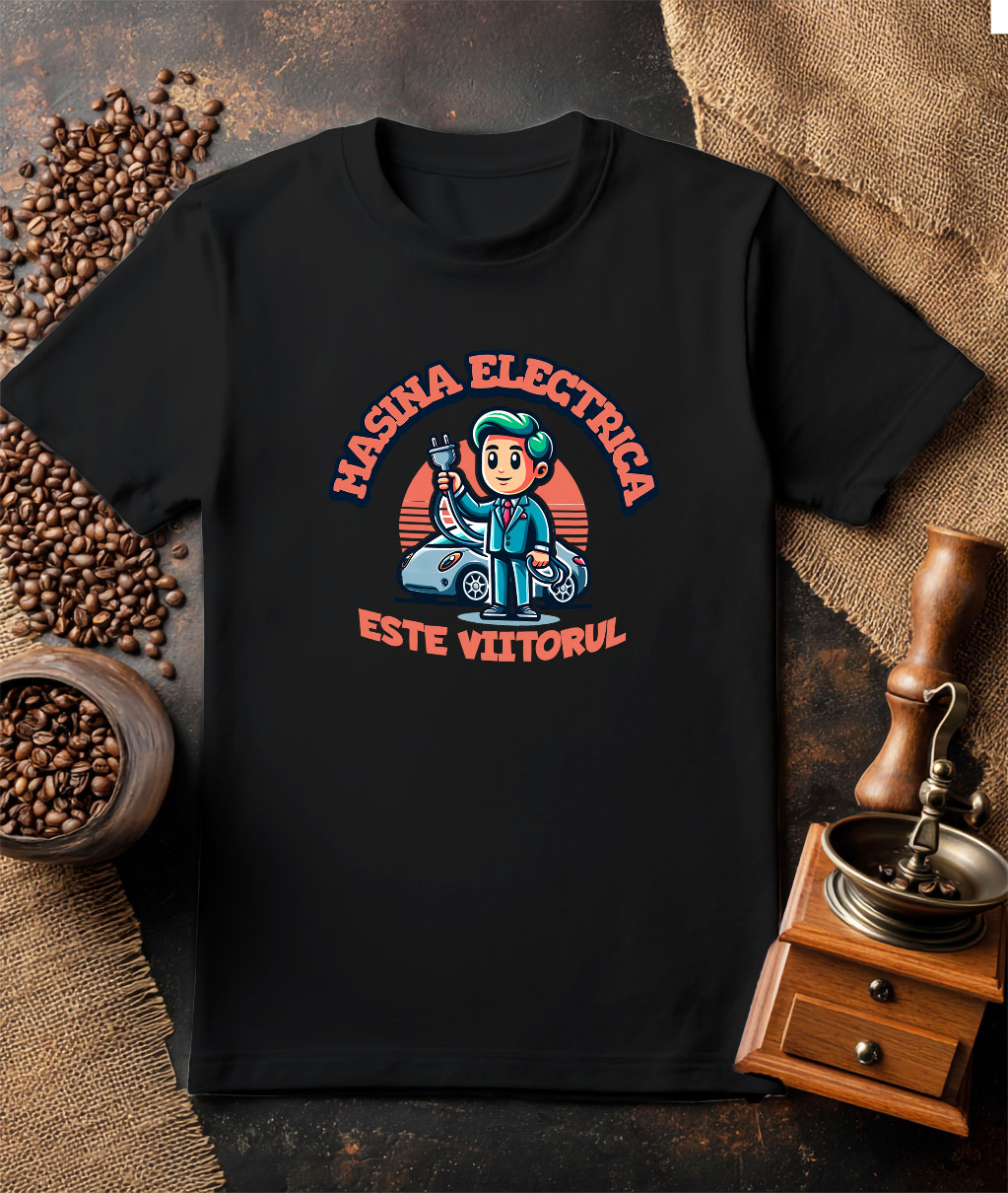 Tricou Femei, Barbati, Copii, Fata, Baiat, Unisex Personalizat Bărbat și Mașină Electrică – Viitorul Mobilității [2]