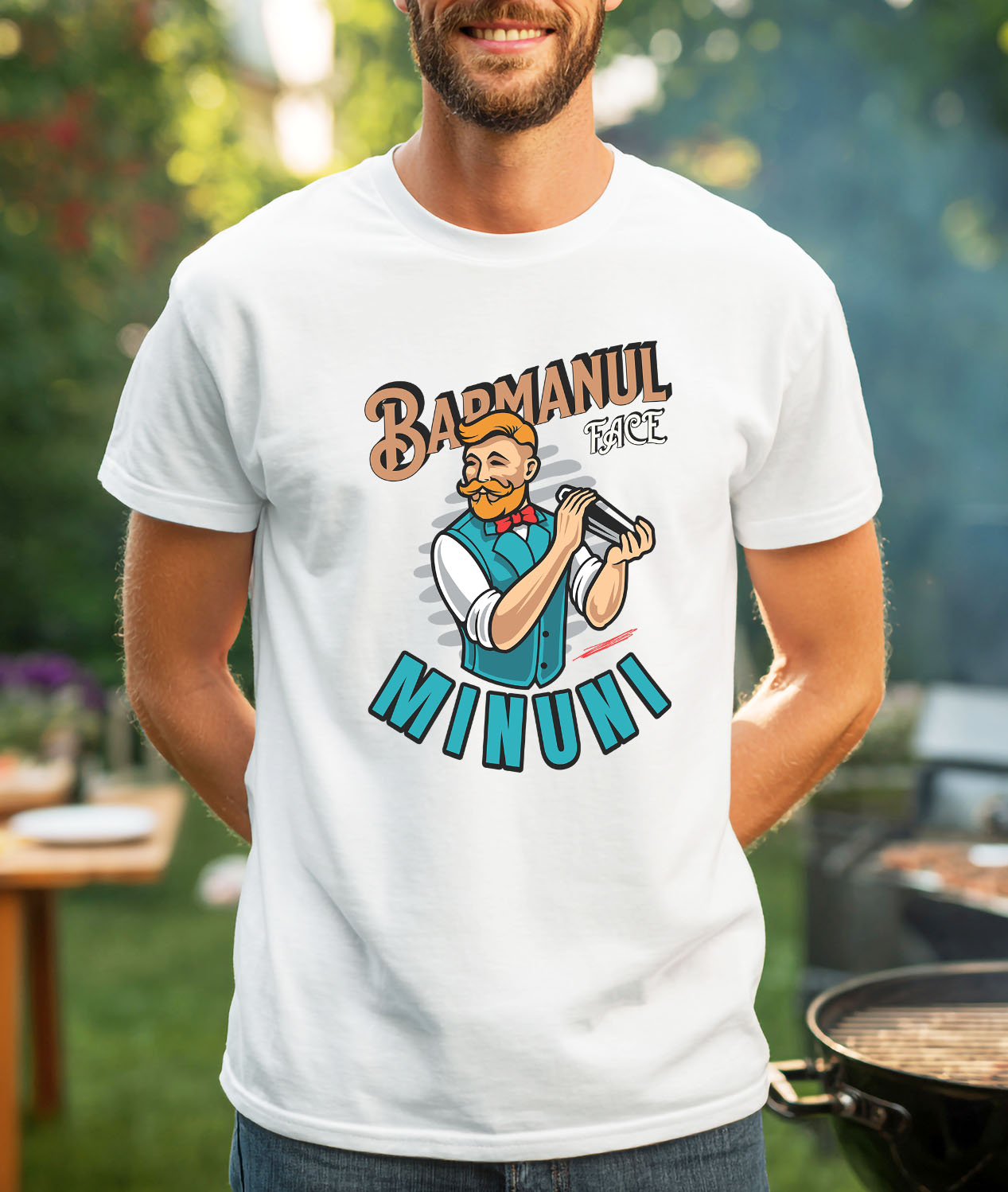 Tricou Femei, Barbati, Copii, Fata, Baiat, Unisex Personalizat Bărbat Animație cu Mustață, Papion Roșu și Shaker – Horeca [1]