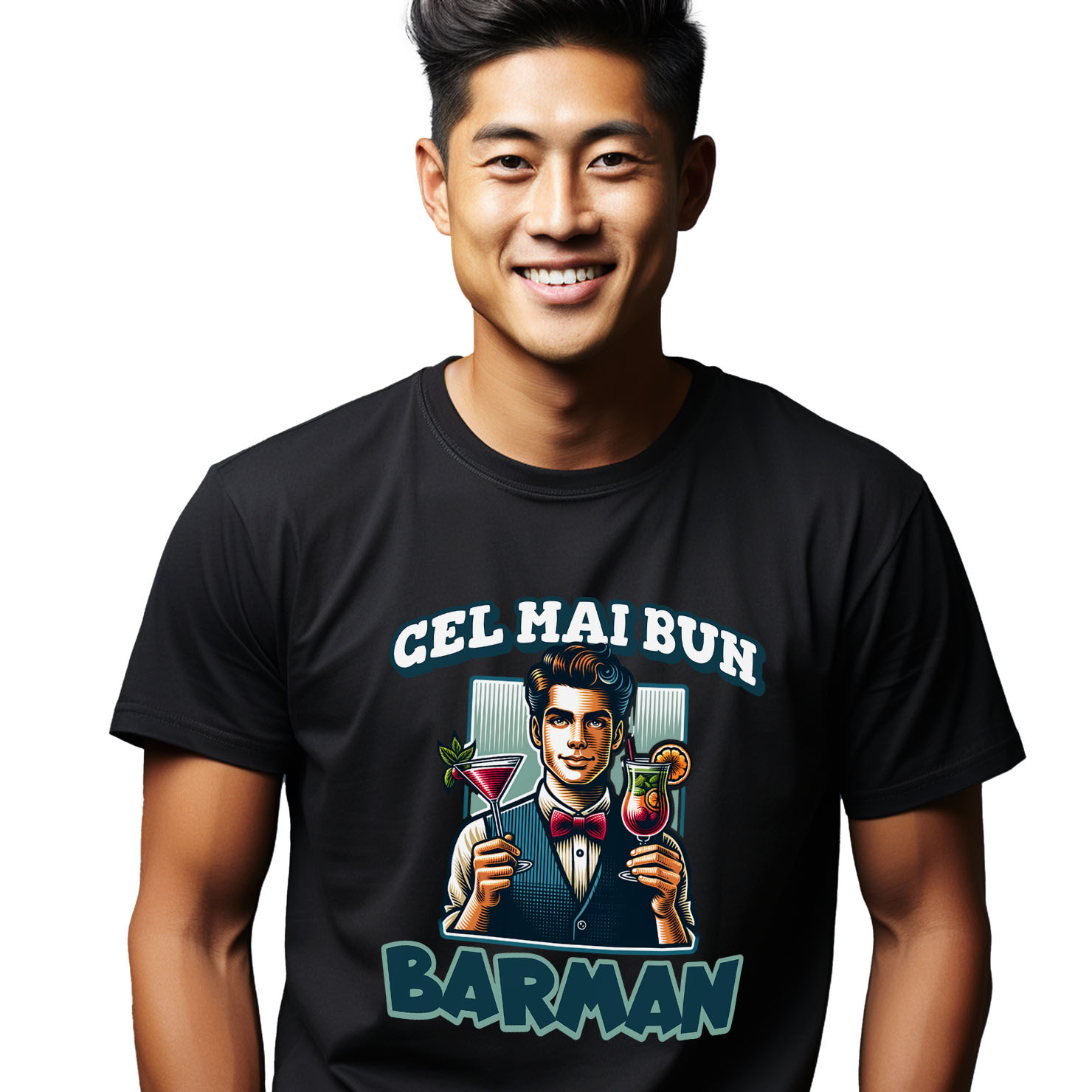 Tricou Femei, Barbati, Copii, Fata, Baiat, Unisex Personalizat Barman Elegant cu Vestă și Papion – Servire Cocktailuri