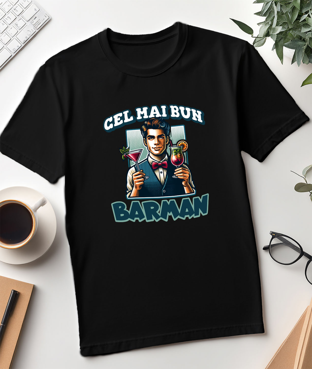 Tricou Femei, Barbati, Copii, Fata, Baiat, Unisex Personalizat Barman Elegant cu Vestă și Papion – Servire Cocktailuri [2]