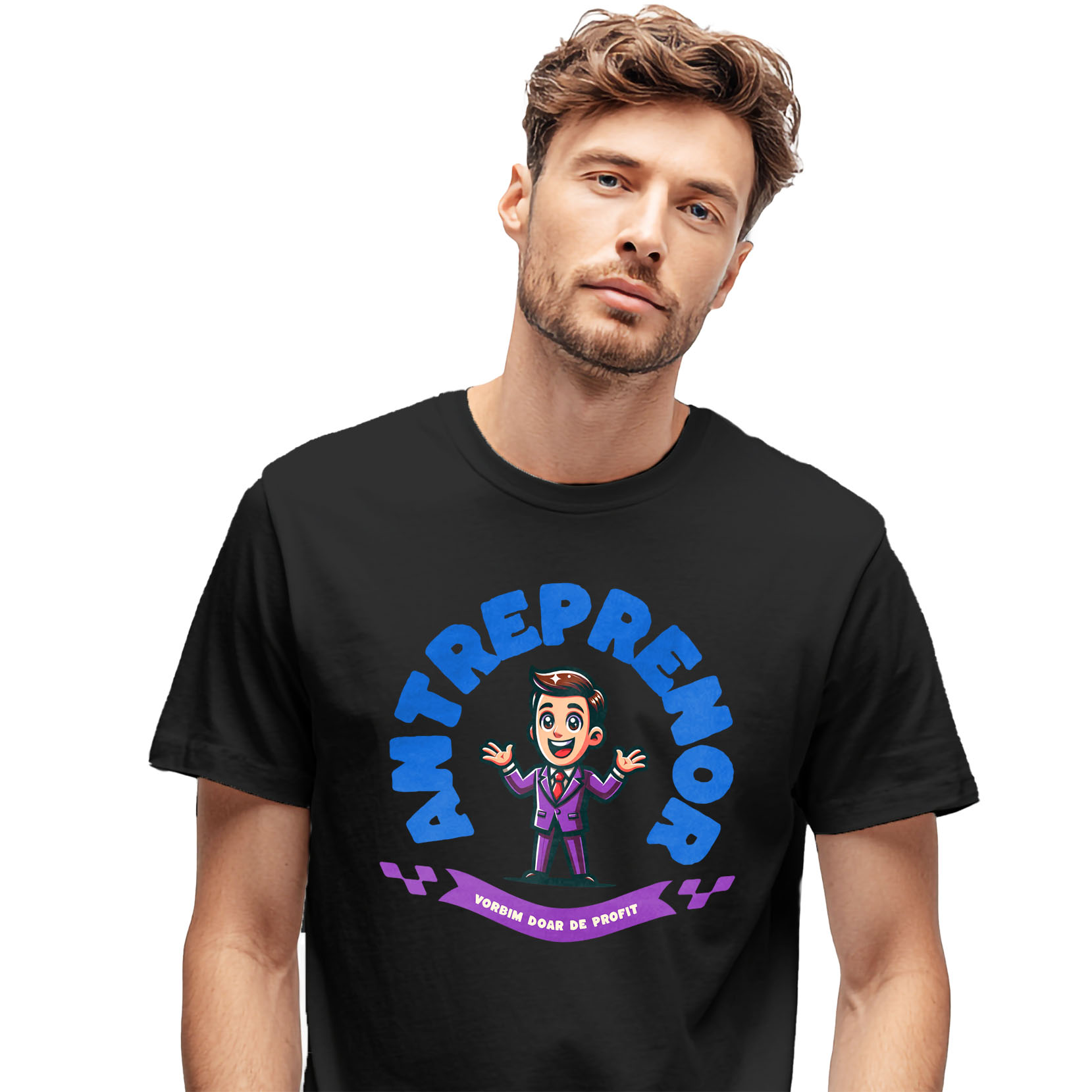 Tricou Femei, Barbati, Copii, Fata, Baiat, Unisex Personalizat Bărbat în Costum Mov cu Cravată Roșie – Design Animat Vesel