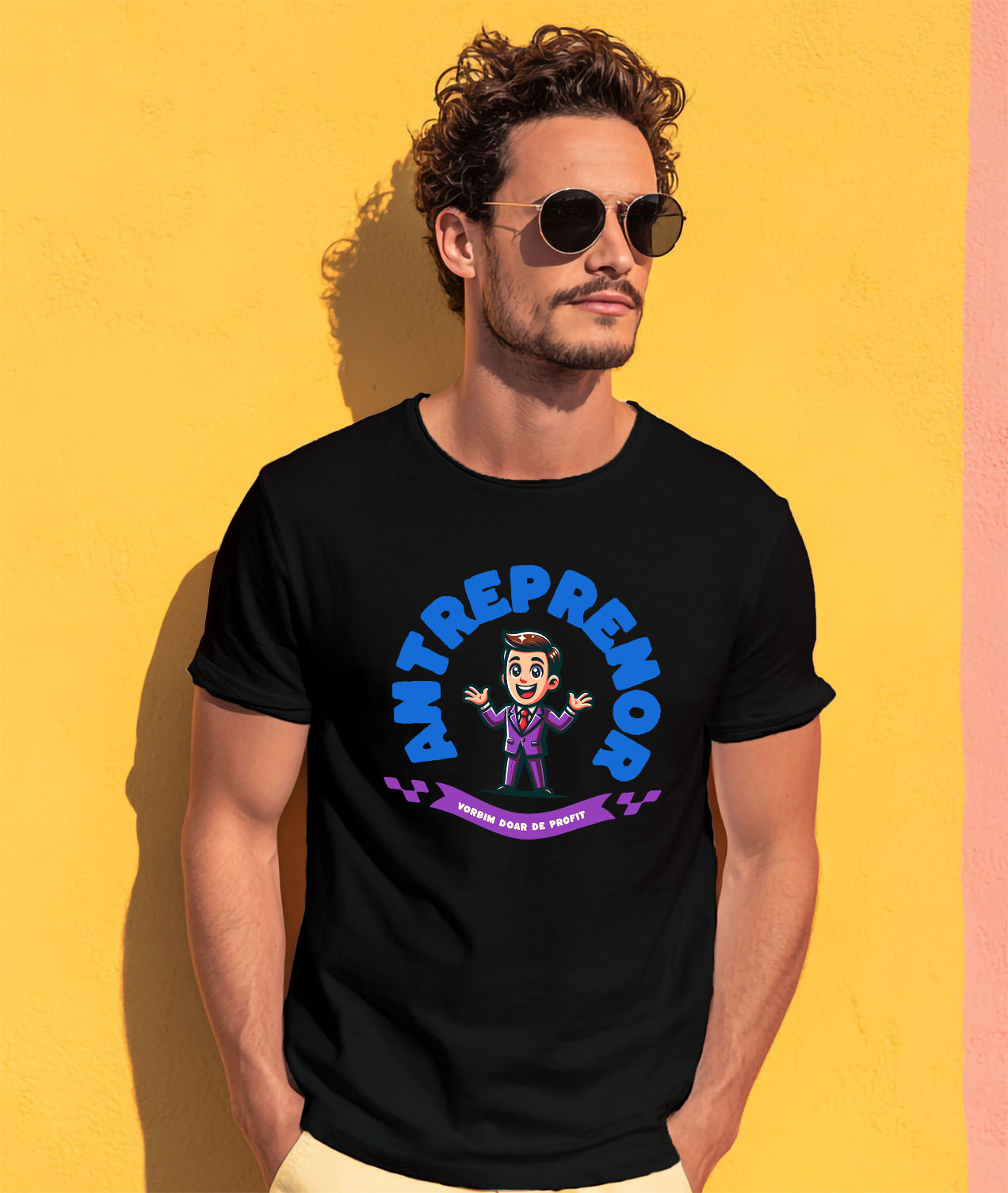 Tricou Femei, Barbati, Copii, Fata, Baiat, Unisex Personalizat Bărbat în Costum Mov cu Cravată Roșie – Design Animat Vesel [1]