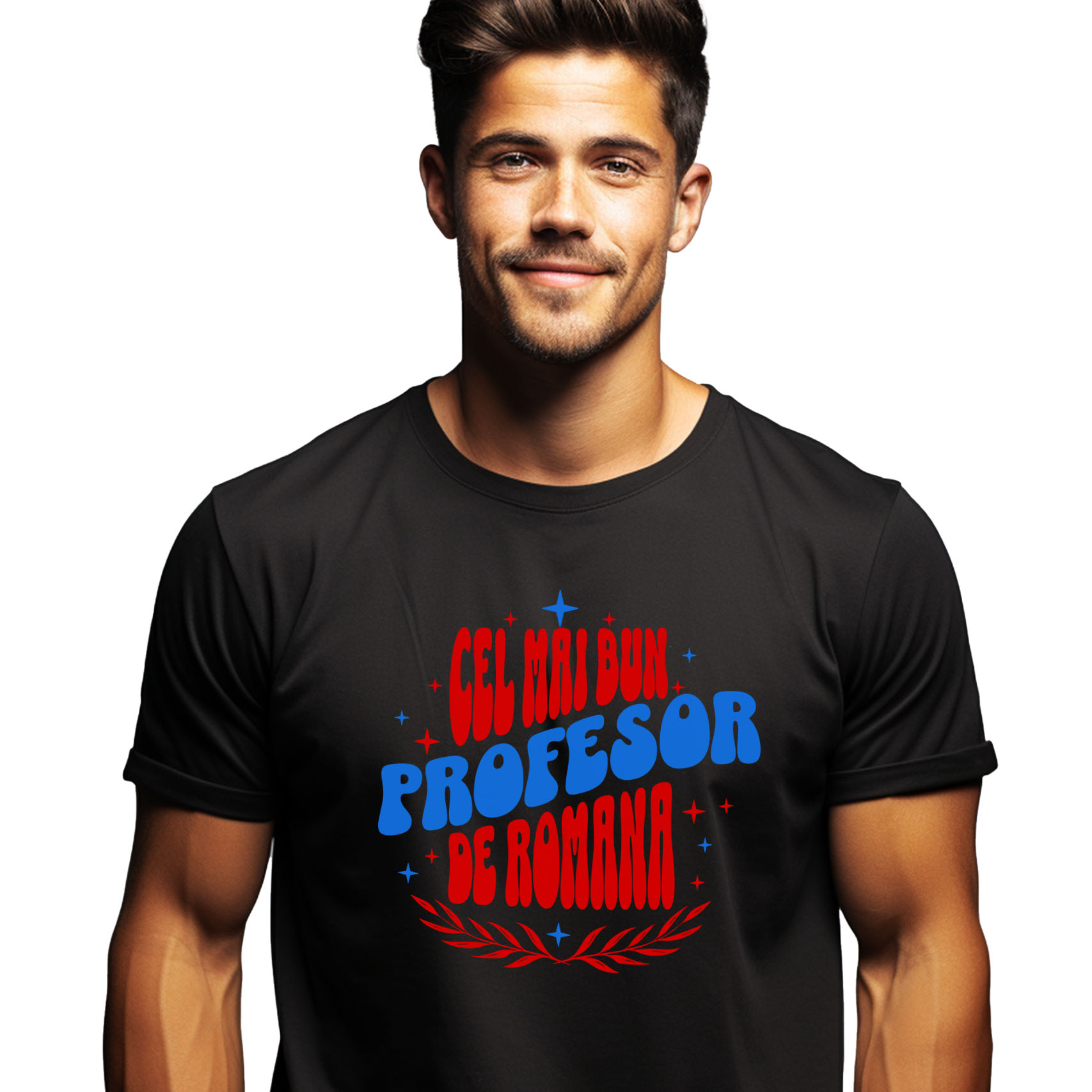 Tricou Femei, Barbati, Copii, Fata, Baiat, Unisex Personalizat Profesor de Română – Iluzie Optică cu Stele Colorate – Educație și Pasiune