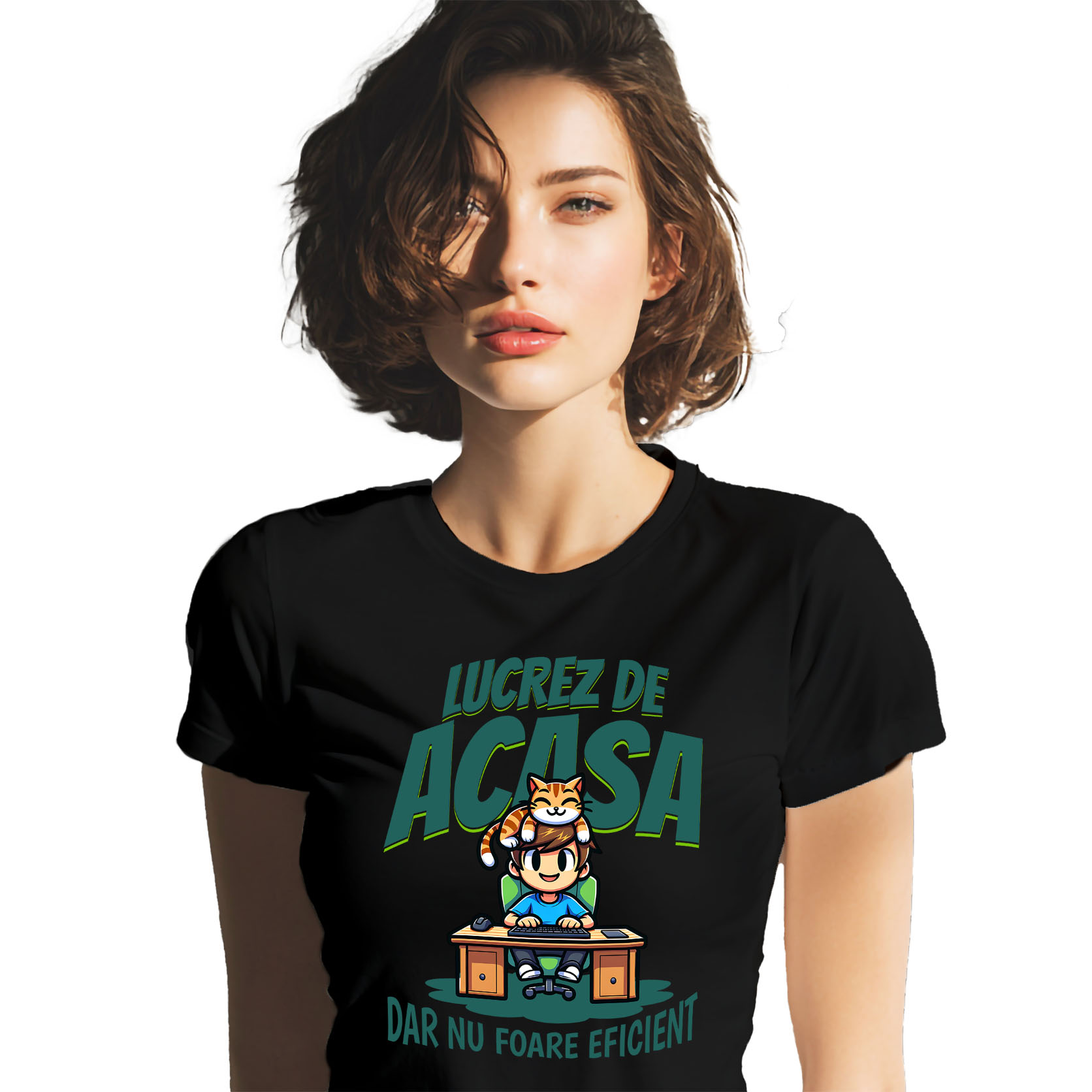 Tricou Femei, Barbati, Copii, Fata, Baiat, Unisex Personalizat Băiat la Birou cu Pisică Portocalie – Work From Home, Productivitate