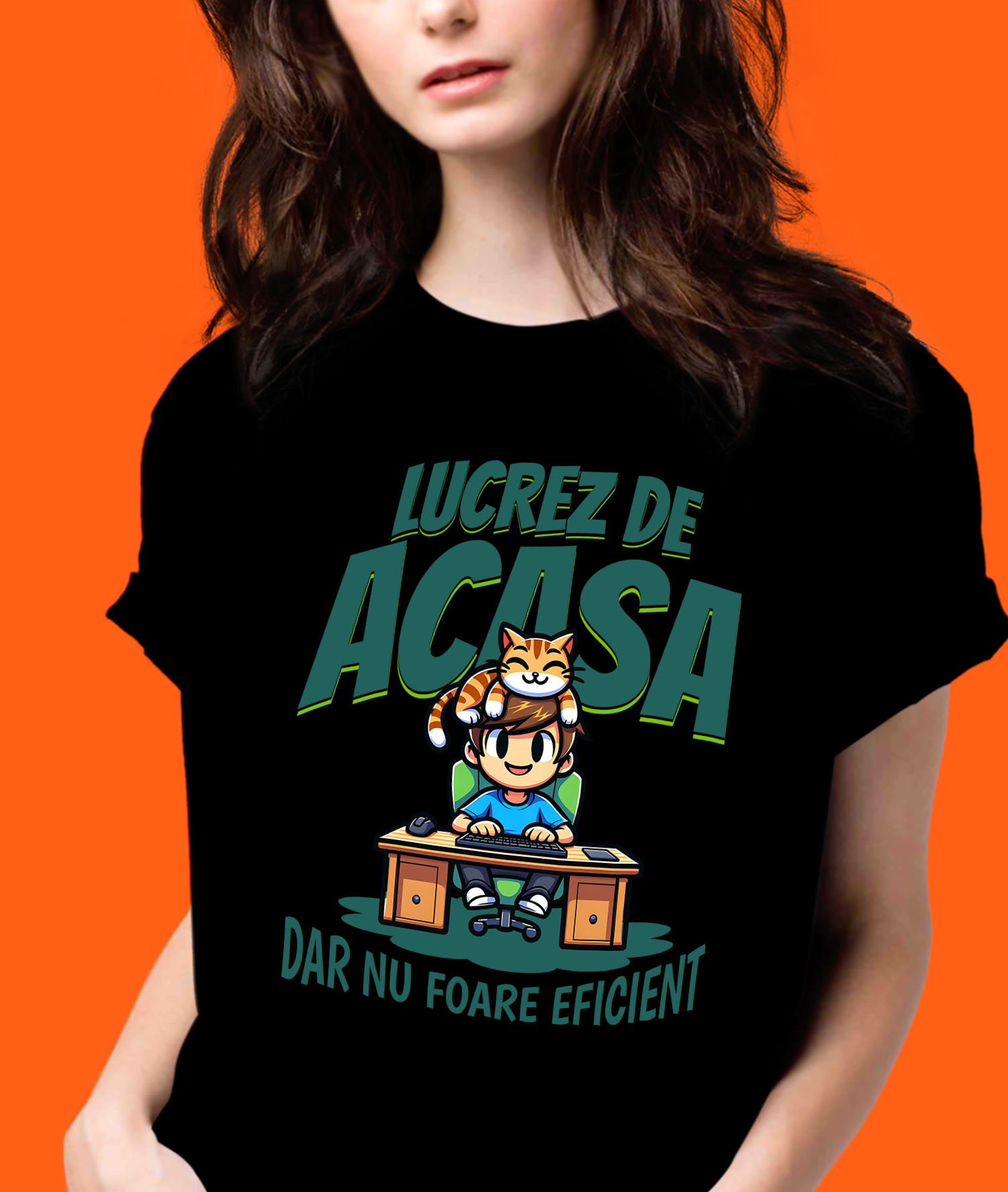 Tricou Femei, Barbati, Copii, Fata, Baiat, Unisex Personalizat Băiat la Birou cu Pisică Portocalie – Work From Home, Productivitate [1]