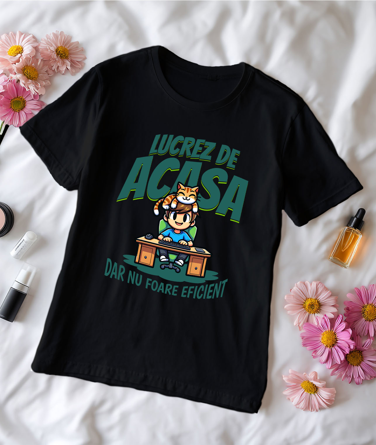Tricou Femei, Barbati, Copii, Fata, Baiat, Unisex Personalizat Băiat la Birou cu Pisică Portocalie – Work From Home, Productivitate [2]