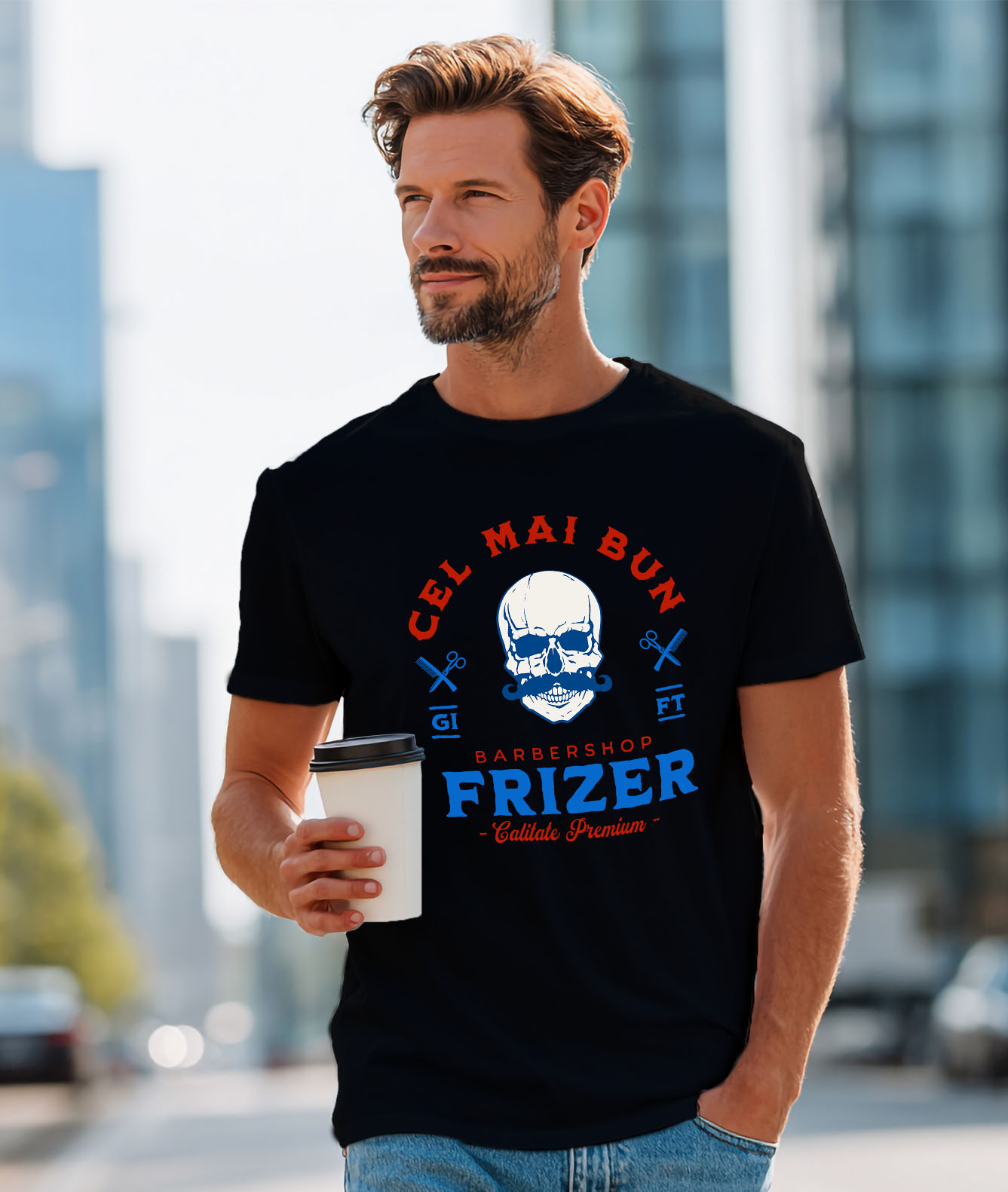 Tricou Femei, Barbati, Copii, Fata, Baiat, Unisex Personalizat Craniu Uman cu Mustață – Instrumente Frizerie, Barber Shop, Pasiune pentru Meserie [1]
