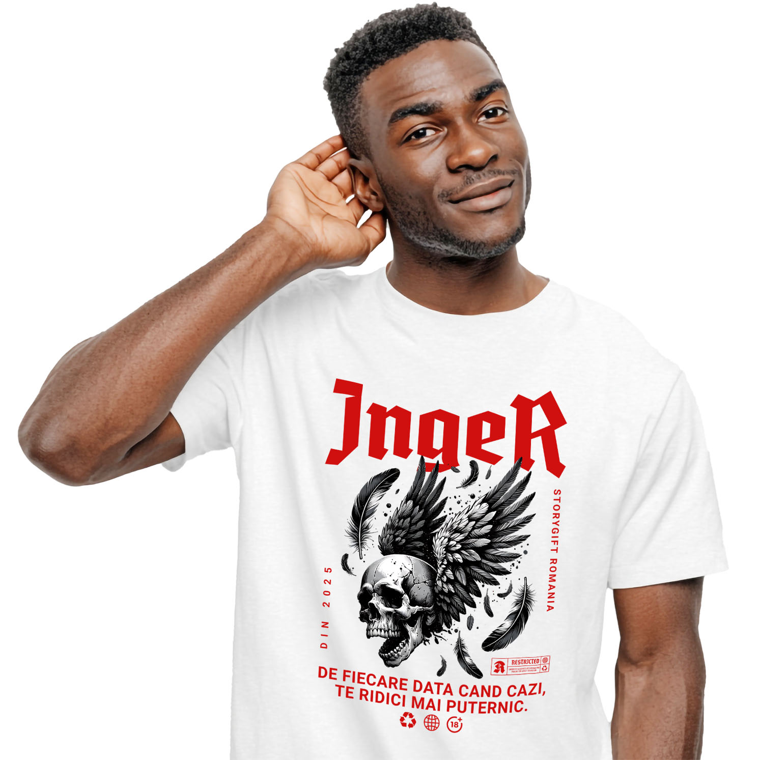 Mixed - Tricou Femei, Barbati, Copii, Fata, Baiat, Unisex Personalizat Craniu Uman cu Aripi Negre și Text „Înger de Fiere - Data Cazi Te Ridici Mai Puternic” - Cadou Personalizat Motivațional