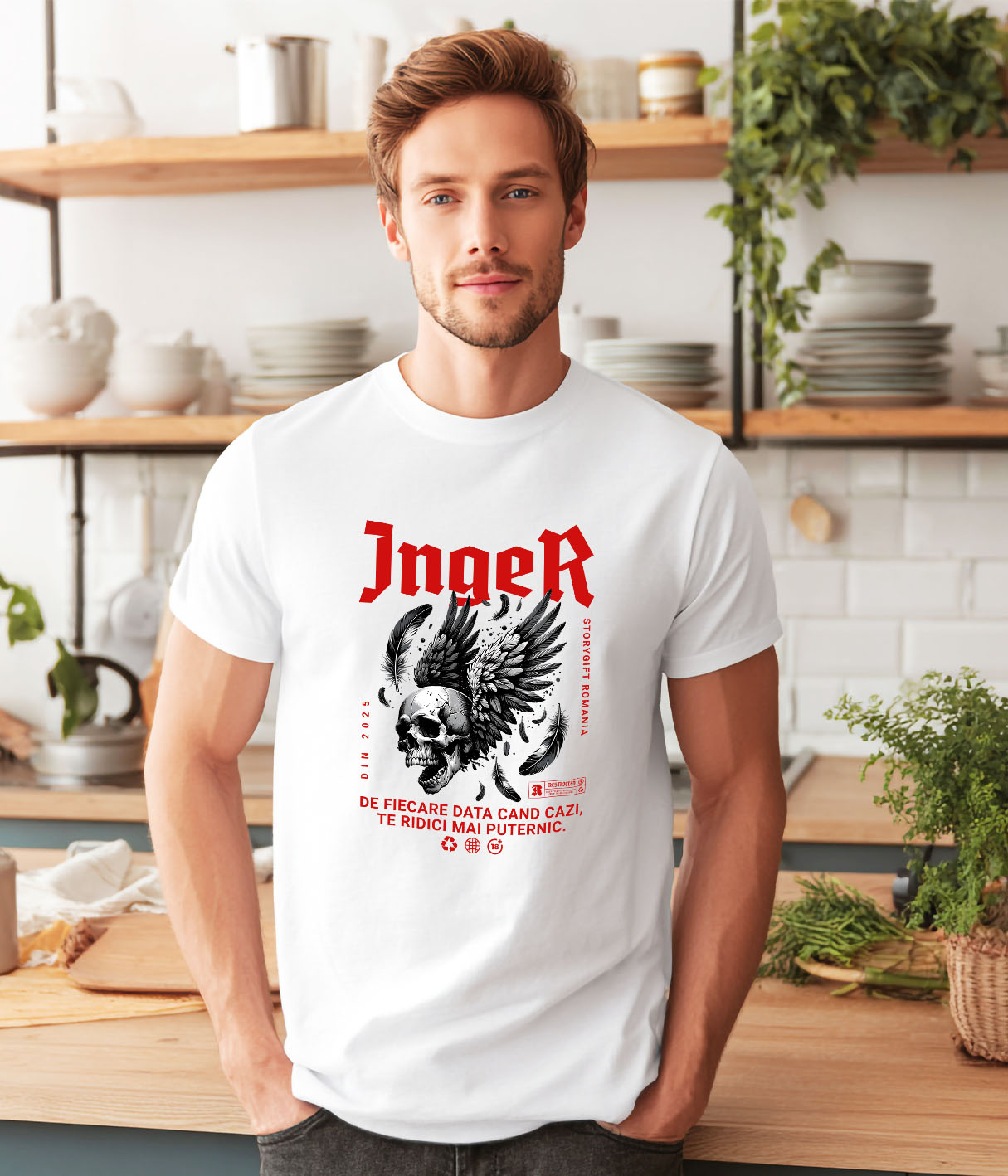 Tricou Femei, Barbati, Copii, Fata, Baiat, Unisex Personalizat Craniu Uman cu Aripi Negre și Text „Înger de Fiere - Data Cazi Te Ridici Mai Puternic” - Cadou Personalizat Motivațional [1]