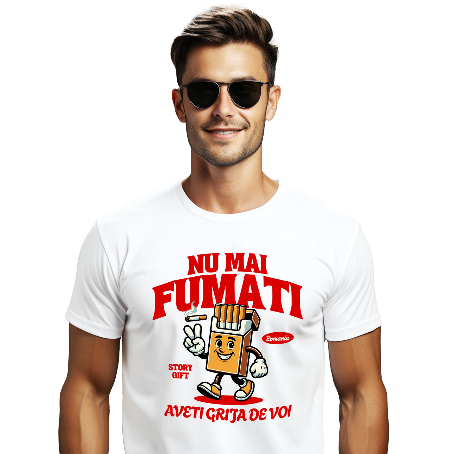 Mixed - Tricou Femei, Barbati, Copii, Fata, Baiat, Unisex Personalizat Pachet de Țigări Personalizat cu Semnul Păcii și Mesaj Motivațional „Nu Mai Fumați, Aveți Grijă de Voi”