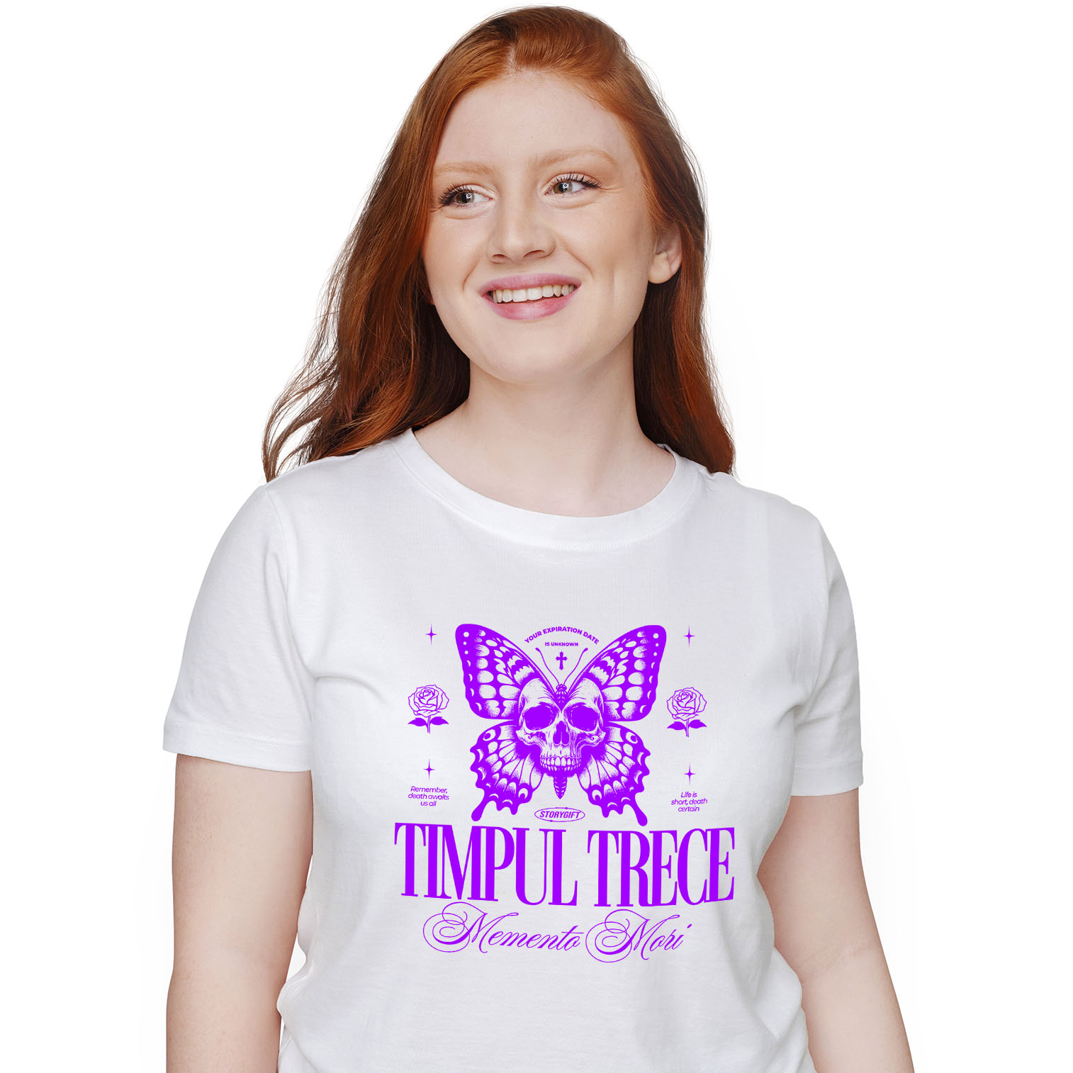 Mixed - Tricou Femei, Barbati, Copii, Fata, Baiat, Unisex Personalizat Fluture cu Craniu Uman și Cruce – Mesaj Motivațional „Timpul Trece - Momento Mori” - Cadou Personalizat