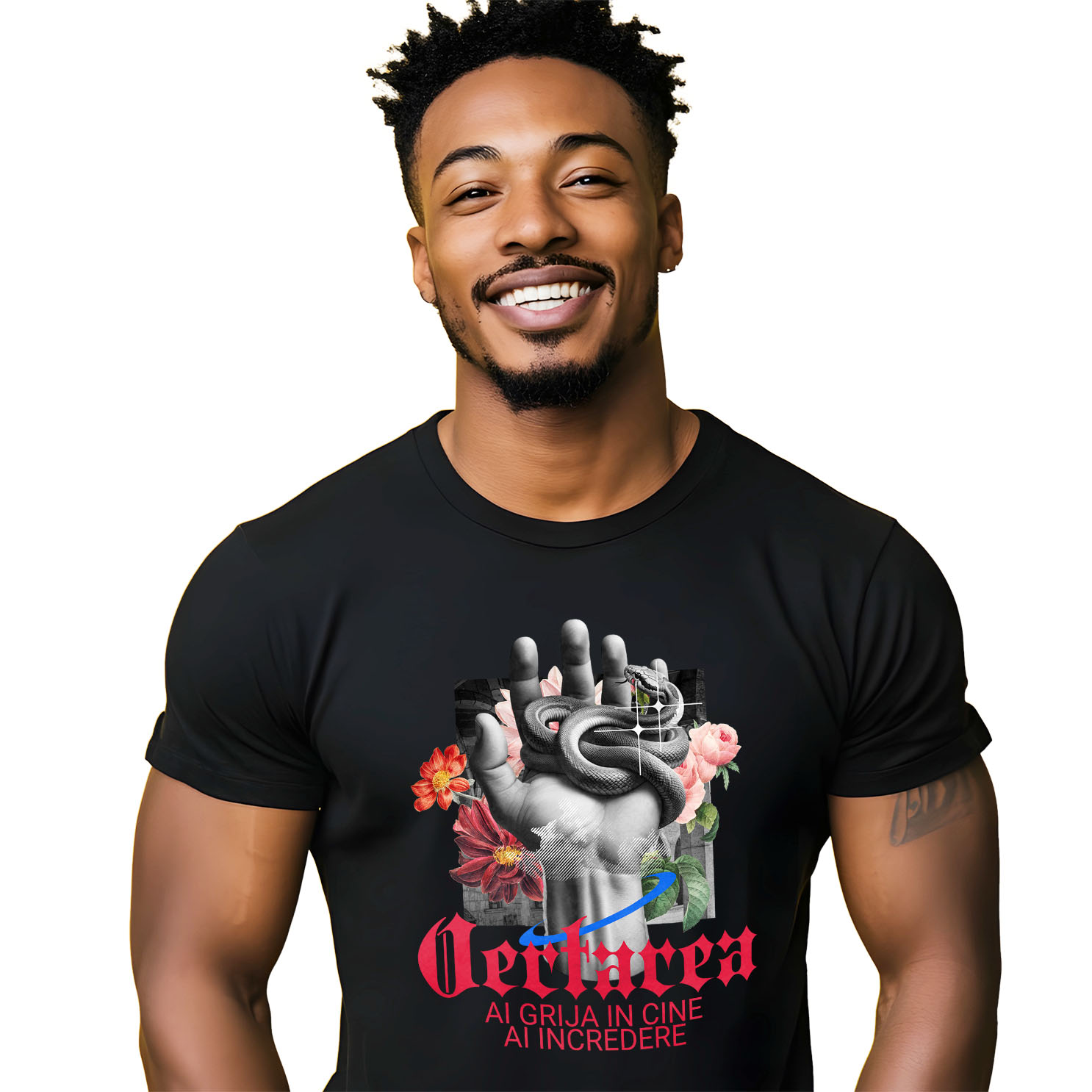 Mixed - Tricou Femei, Barbati, Copii, Fata, Baiat, Unisex Personalizat Mână Umană cu Șarpe Periculos și Flori Colorate – Cadou Personalizat „Iertarea – Ai Grijă în Cine Ai Încredere”