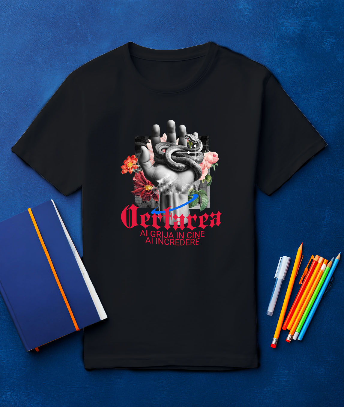 Tricou Femei, Barbati, Copii, Fata, Baiat, Unisex Personalizat Mână Umană cu Șarpe Periculos și Flori Colorate – Cadou Personalizat „Iertarea – Ai Grijă în Cine Ai Încredere” [2]