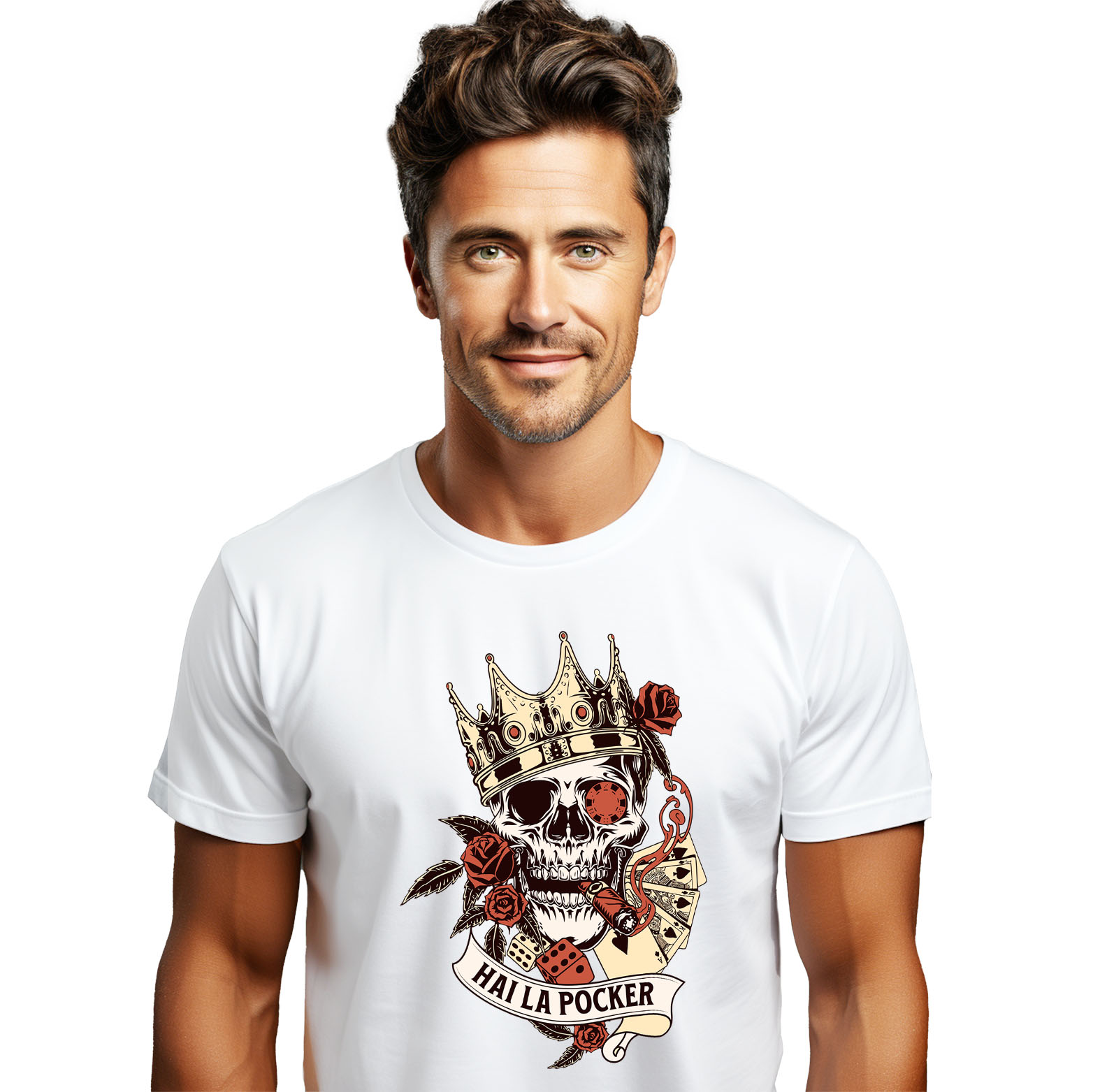 Mixed - Tricou Femei, Barbati, Copii, Fata, Baiat, Unisex Personalizat Craniu Uman cu Coroană Regală și Poker - Cadou Personalizat „Hai la Poker” - Cadou cu Stil și Eleganță