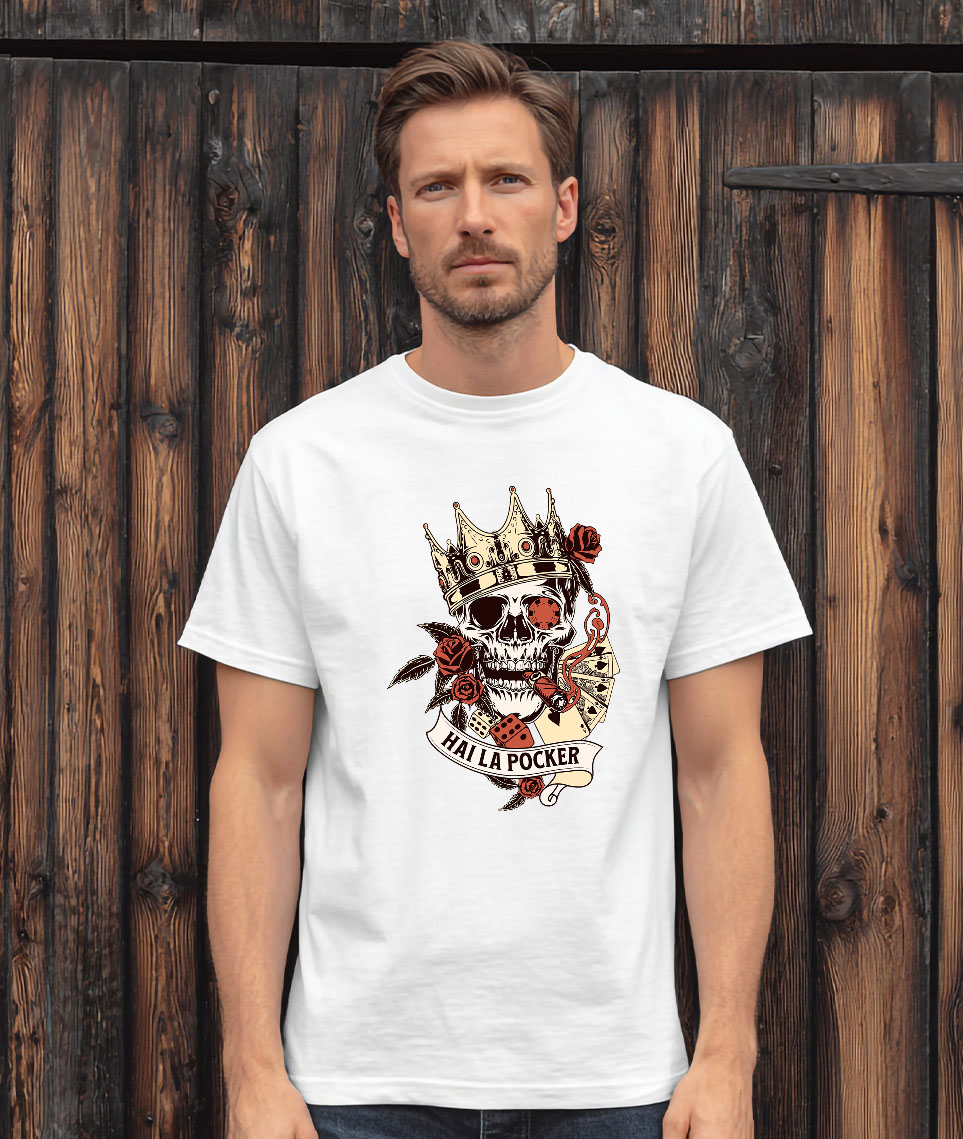 Tricou Femei, Barbati, Copii, Fata, Baiat, Unisex Personalizat Craniu Uman cu Coroană Regală și Poker - Cadou Personalizat „Hai la Poker” - Cadou cu Stil și Eleganță [1]