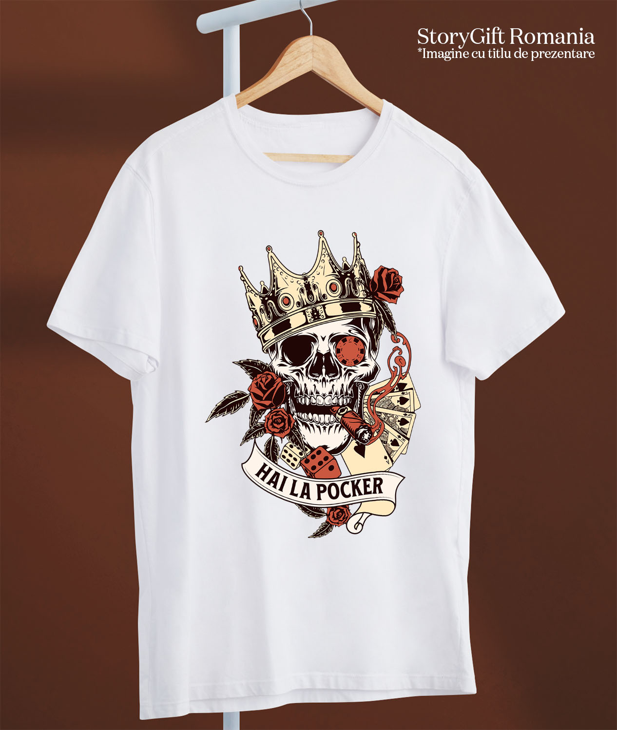 Tricou Femei, Barbati, Copii, Fata, Baiat, Unisex Personalizat Craniu Uman cu Coroană Regală și Poker - Cadou Personalizat „Hai la Poker” - Cadou cu Stil și Eleganță [2]