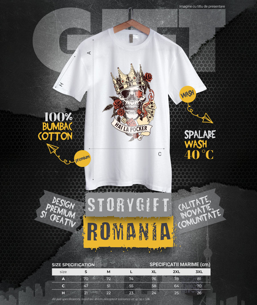 Tricou Femei, Barbati, Copii, Fata, Baiat, Unisex Personalizat Craniu Uman cu Coroană Regală și Poker - Cadou Personalizat „Hai la Poker” - Cadou cu Stil și Eleganță [3]