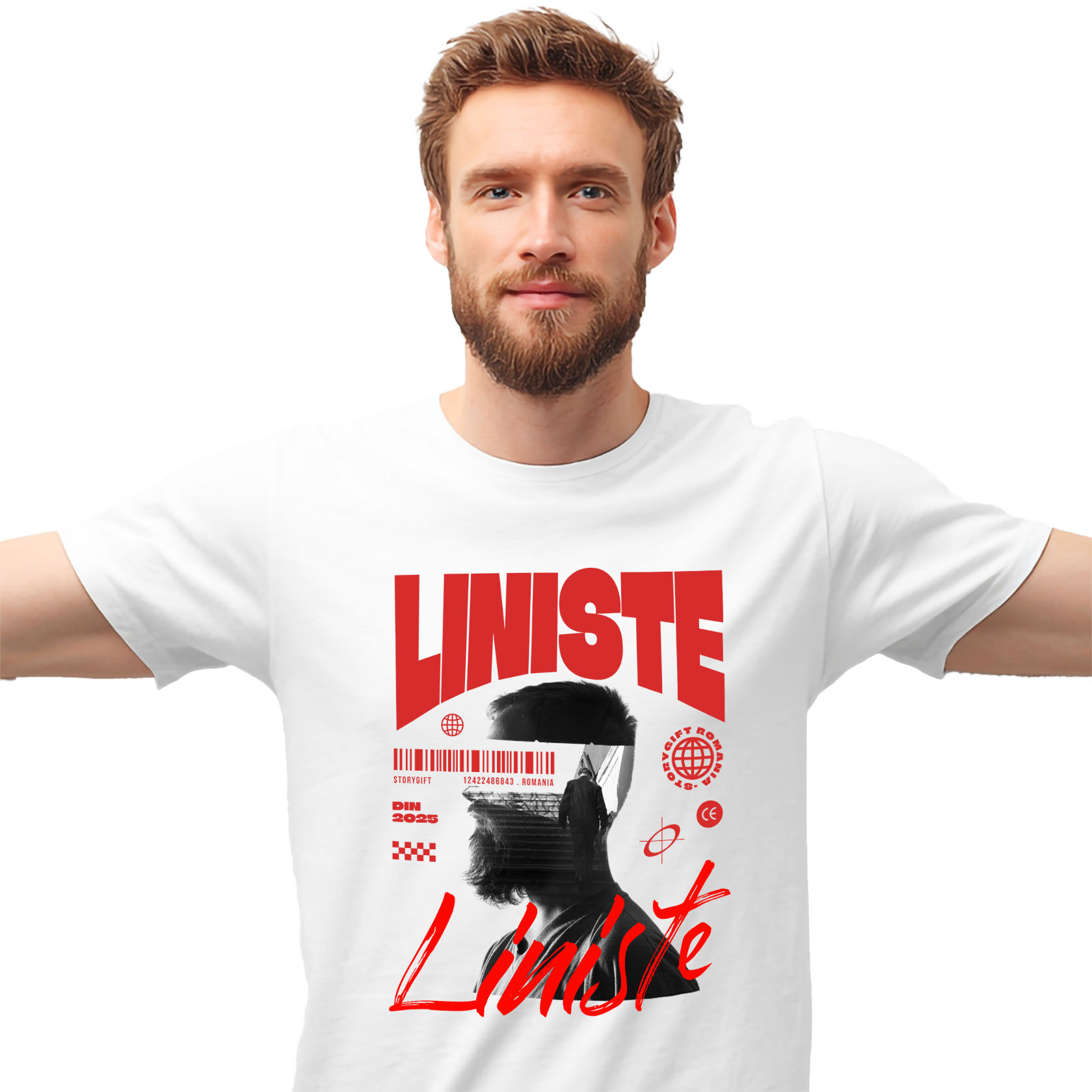 Mixed - Tricou Femei, Barbati, Copii, Fata, Baiat, Unisex Personalizat Chip Uman Bărbat cu Barbă și Scări - „Liniste” - Cadou Motivational și Personalizat