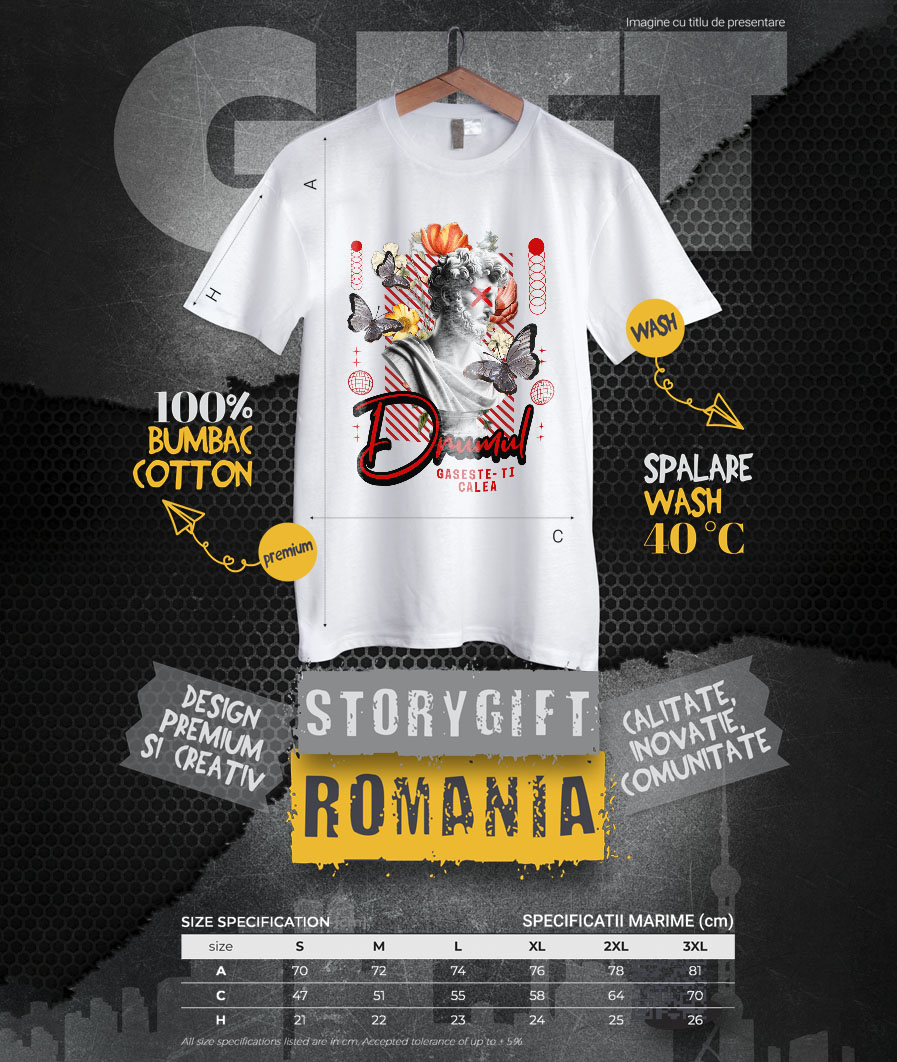 Tricou Femei, Barbati, Copii, Fata, Baiat, Unisex Personalizat Statuie Umană Bust Bărbătesc cu Fluturi și Flori - „Drumul Găsește-ți Calea” - Cadou Motivational [3]