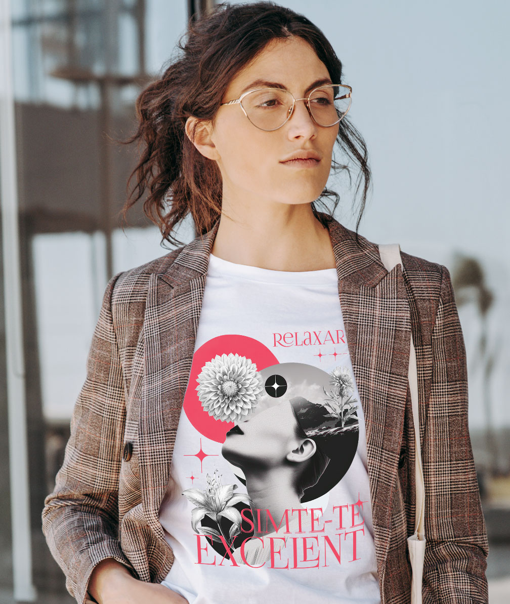 Tricou Femei, Barbati, Copii, Fata, Baiat, Unisex Personalizat Chip Feminin cu Flori Diverse - „Relaxare, Simte-te Excelent” - Cadou Motivațional [1]