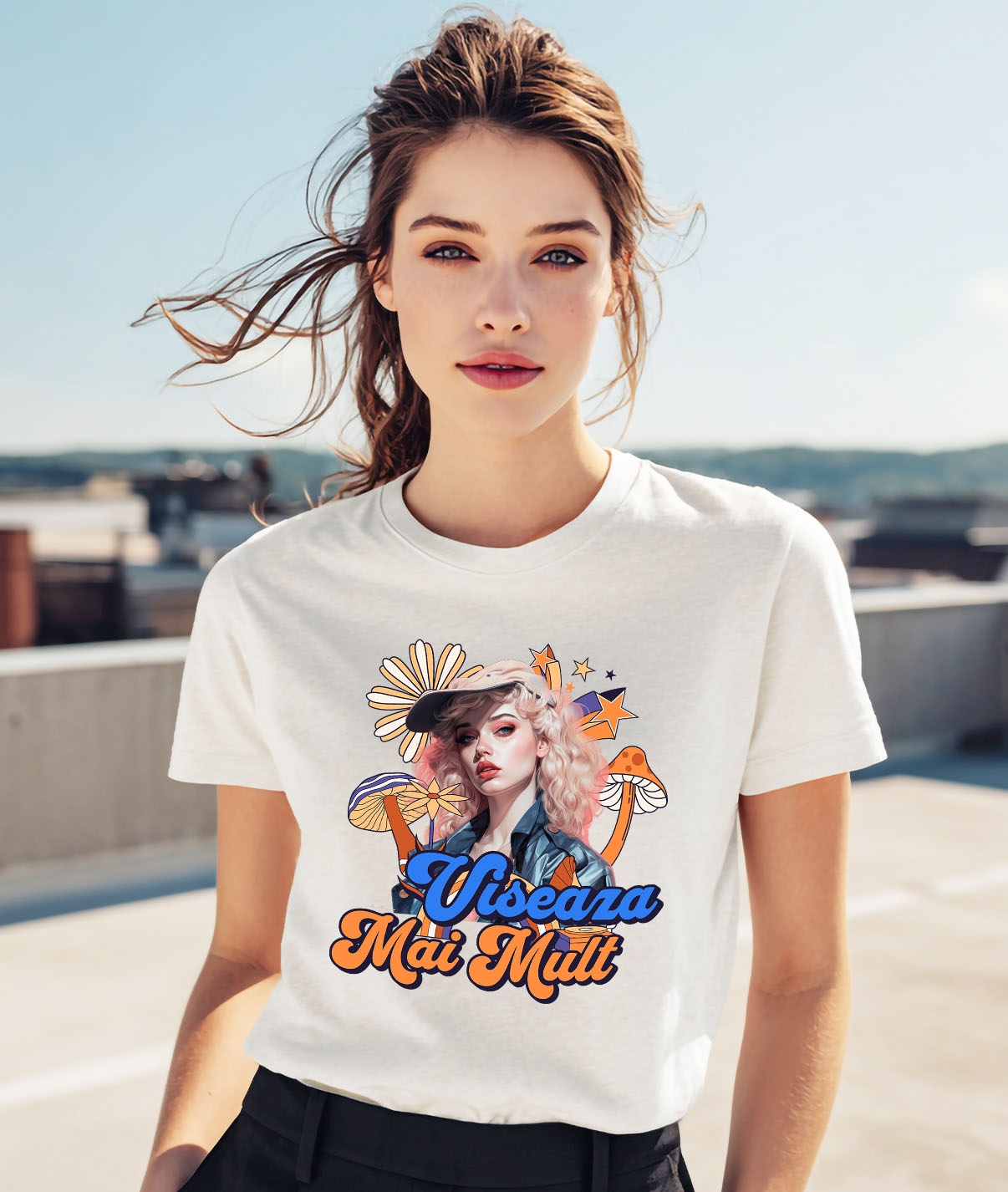 Tricou Femei, Barbati, Copii, Fata, Baiat, Unisex Personalizat Fată Stil Anime cu Șapcă și Flori - „Visează Mai Mult” - Cadou Motivațional pentru Fete [1]