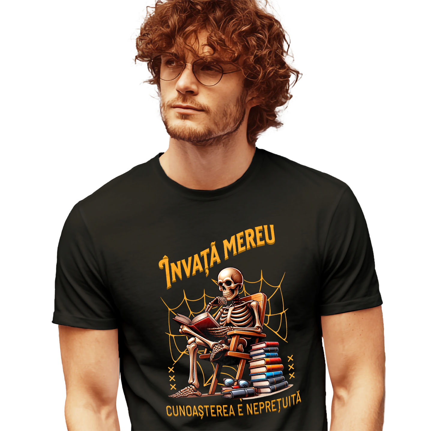 Mixed - Tricou Femei, Barbati, Copii, Fata, Baiat, Unisex Personalizat Schelet Citind Cartea „Invata Mereu” - Cadou Educațional și Motivațional