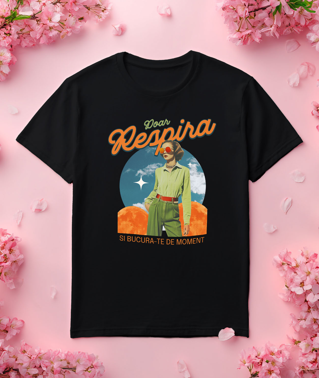 Tricou Femei, Barbati, Copii, Fata, Baiat, Unisex Personalizat Femeie Stil Retro cu Ochelari Aviator și Mesaj "Doar Respiră și Bucură-te de Moment" - Cadouri Personalizate cu Artă Abstractă și Inspirație [2]