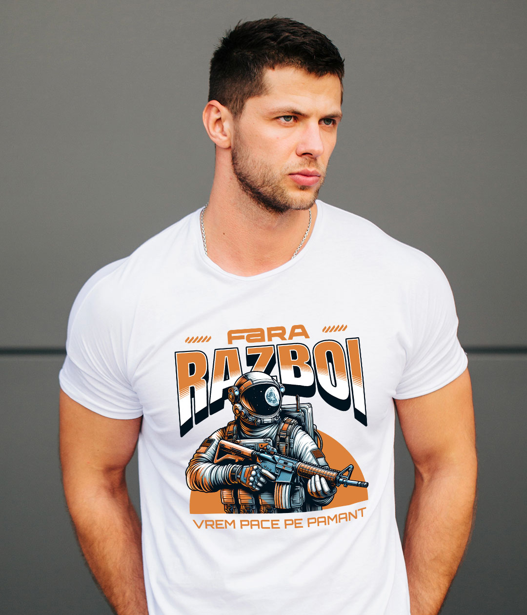 Tricou Femei, Barbati, Copii, Fata, Baiat, Unisex Personalizat Astronaut cu Armură și Mesaj de Pace "Fără Război, Vrem Pace Pe Pământ" - Cadouri Personalizate pentru Familie și Prieteni [1]