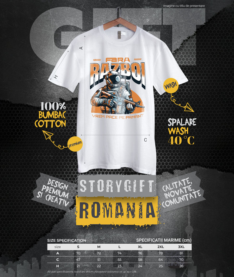 Tricou Femei, Barbati, Copii, Fata, Baiat, Unisex Personalizat Astronaut cu Armură și Mesaj de Pace "Fără Război, Vrem Pace Pe Pământ" - Cadouri Personalizate pentru Familie și Prieteni [3]