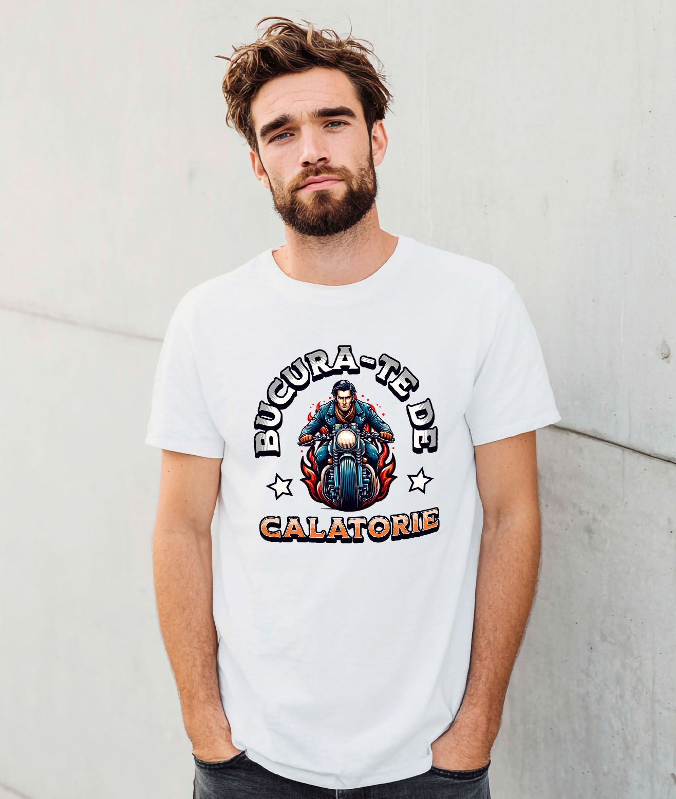 Tricou Femei, Barbati, Copii, Fata, Baiat, Unisex Personalizat Bărbat Tânăr Pe Motocicletă – Aventură, Stil și Libertate [1]