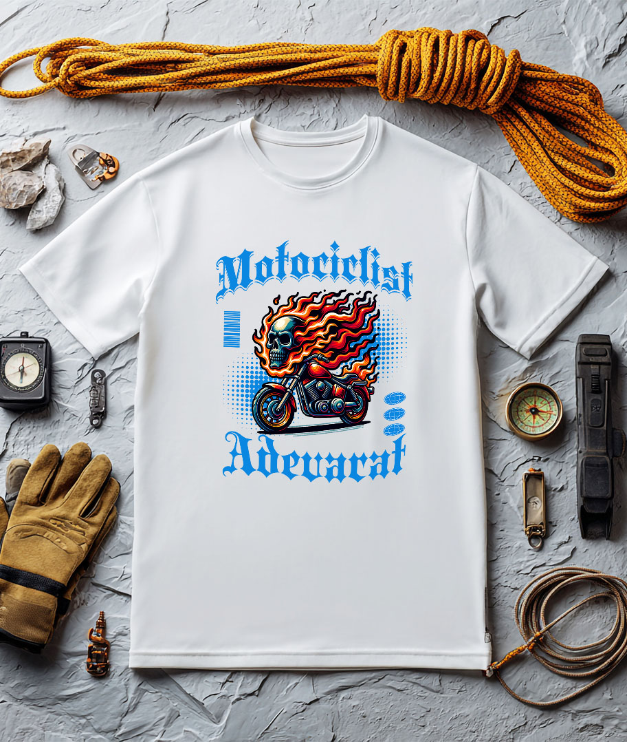 Tricou Femei, Barbati, Copii, Fata, Baiat, Unisex Personalizat Craniu Uman și Motor Vintage în Flăcări – Pasiunea unui Motociclist [2]