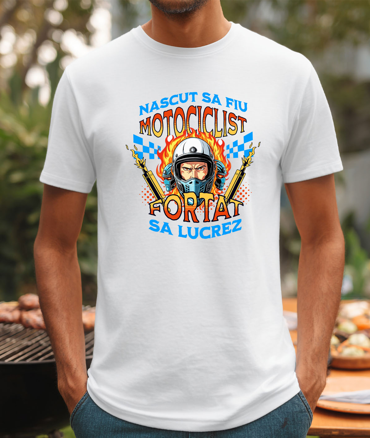 Tricou Femei, Barbati, Copii, Fata, Baiat, Unisex Personalizat Om Cu Cască De Protecție, Motor, Tobele Eșapamentului și Flăcări – Pasiune Moto [1]