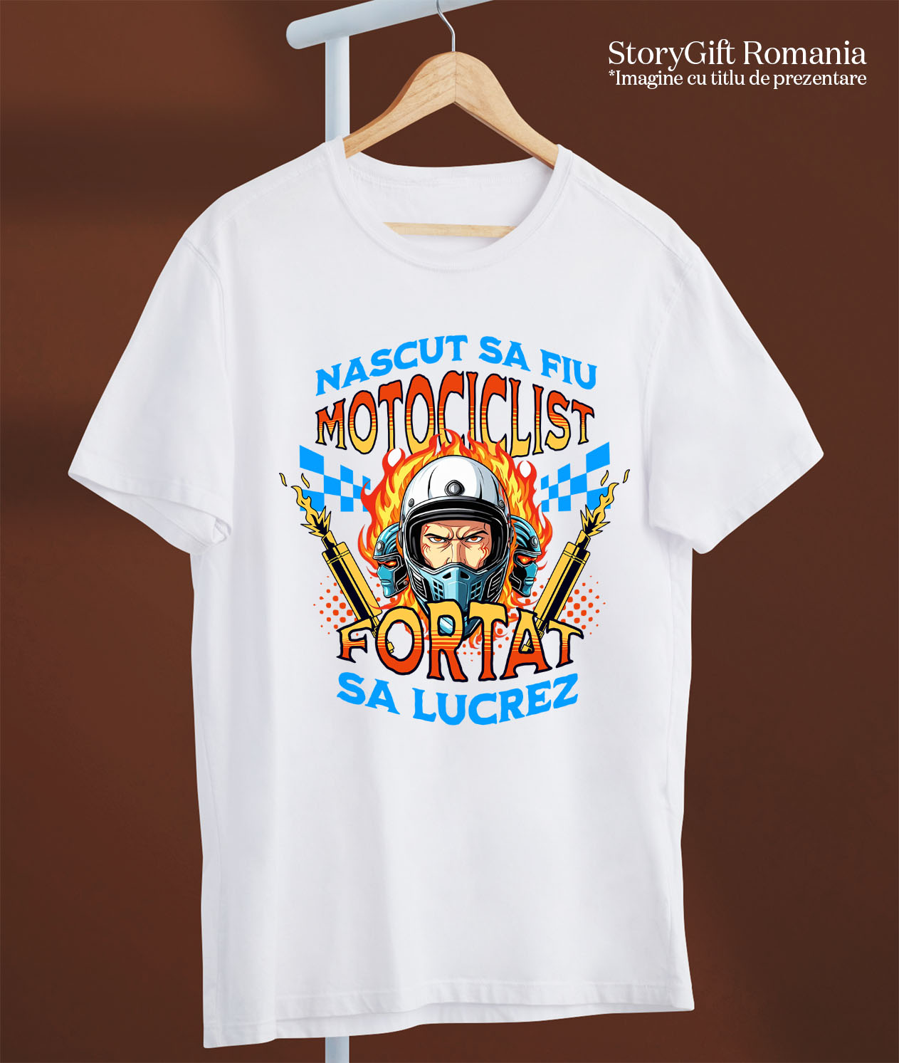 Tricou Femei, Barbati, Copii, Fata, Baiat, Unisex Personalizat Om Cu Cască De Protecție, Motor, Tobele Eșapamentului și Flăcări – Pasiune Moto [2]