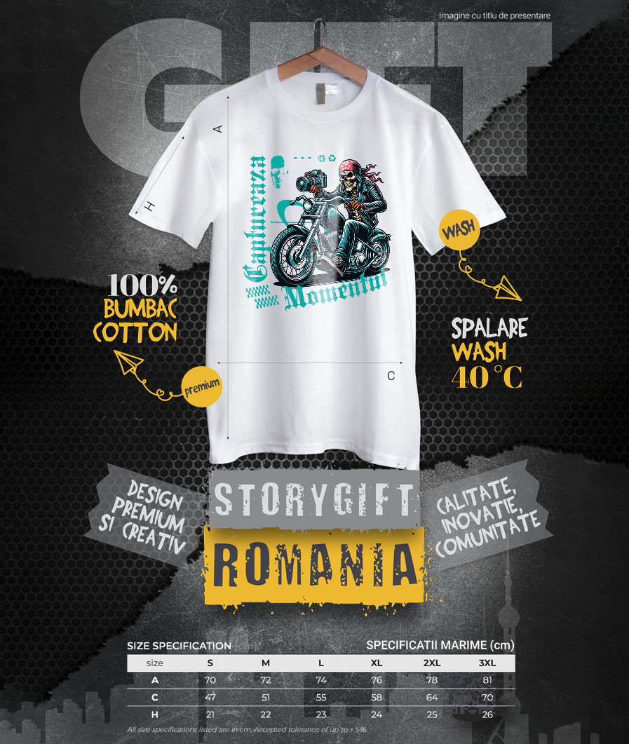 Tricou Femei, Barbati, Copii, Fata, Baiat, Unisex Personalizat Craniu Motociclist Cu Bandană Roșie și Aparat Foto – Design Rebel și Original [3]
