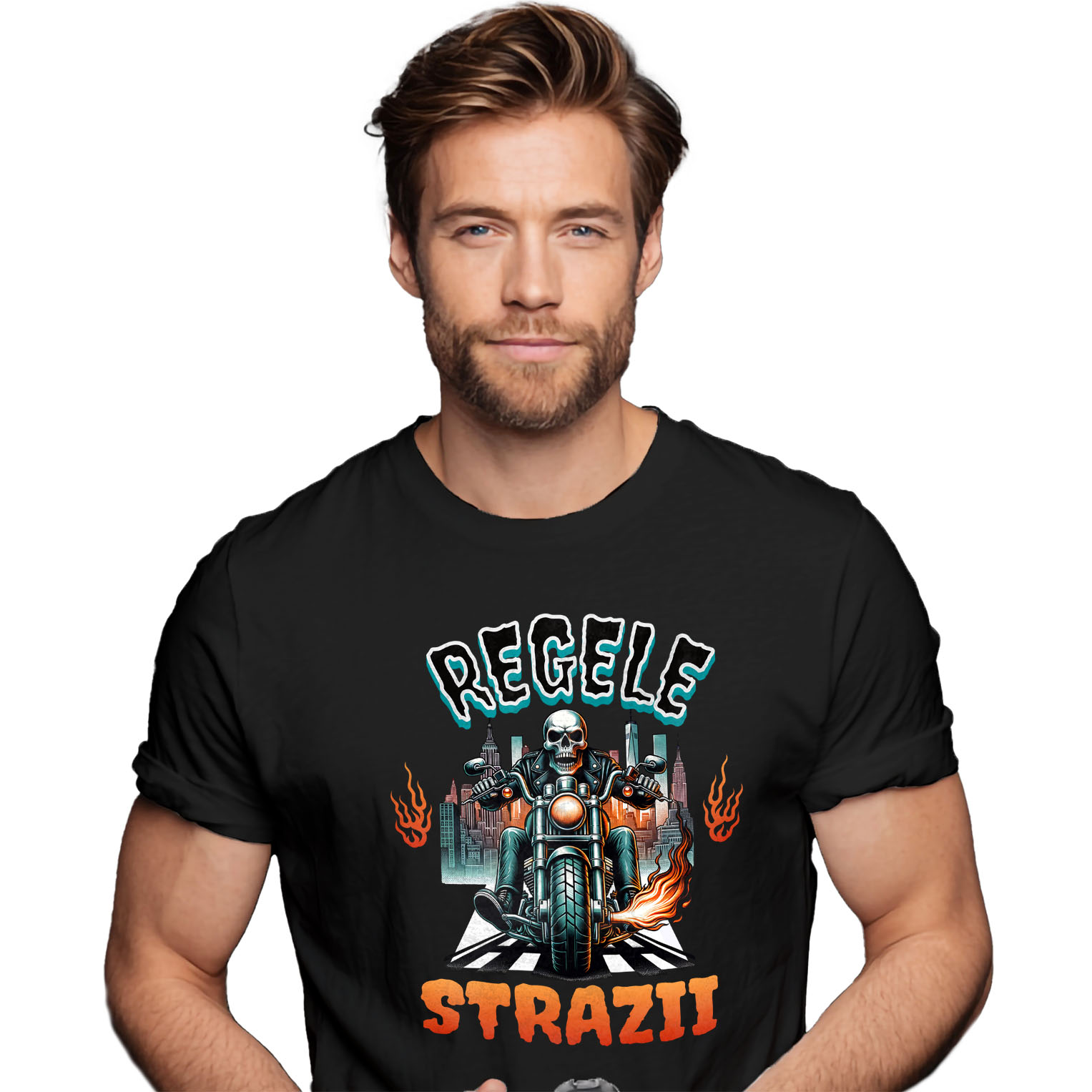 Motociclete - Tricou Femei, Barbati, Copii, Fata, Baiat, Unisex Personalizat Schelet Motociclist în Geacă de Piele – Flăcări și Oraș Noaptea