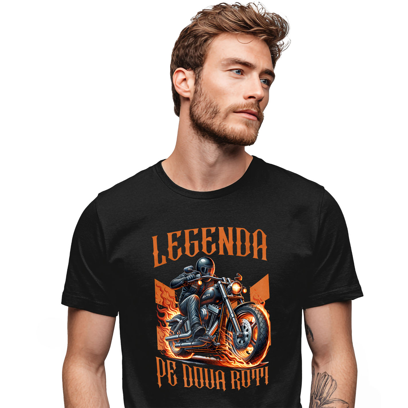 Motociclete - Tricou Femei, Barbati, Copii, Fata, Baiat, Unisex Personalizat Motociclist cu Geacă de Piele – Protecție, Flăcări și Pasiune Moto