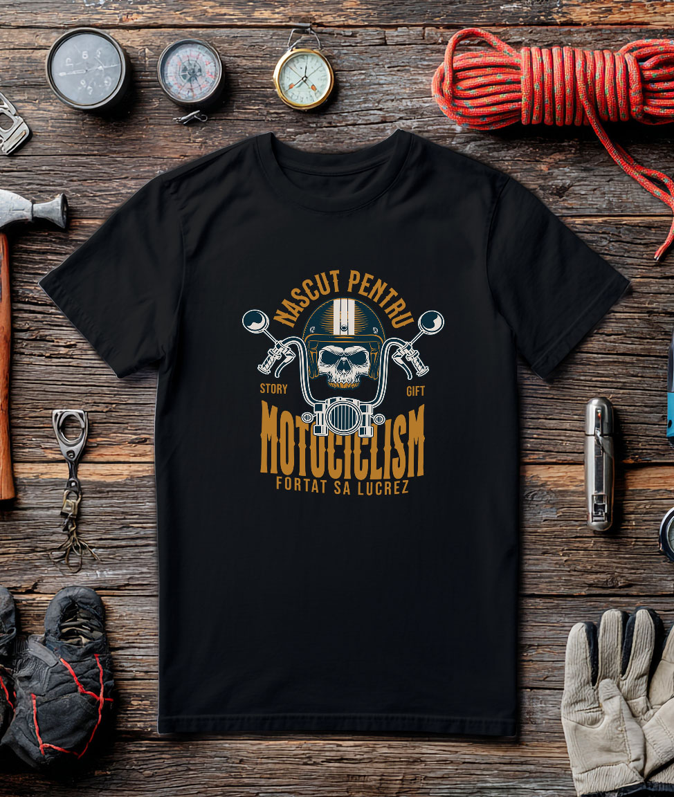Tricou Femei, Barbati, Copii, Fata, Baiat, Unisex Personalizat Iubitorii de Motociclete – Craniu cu Cască și Dinți de Aur [2]