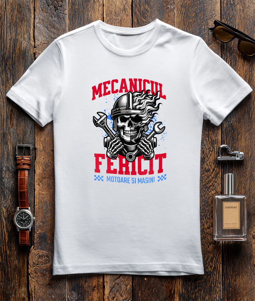 Tricou Femei, Barbati, Copii, Fata, Baiat, Unisex Personalizat Craniu cu Cască și Flăcări – Mecanicul Fericit, Pasiune pentru Motociclete [2]
