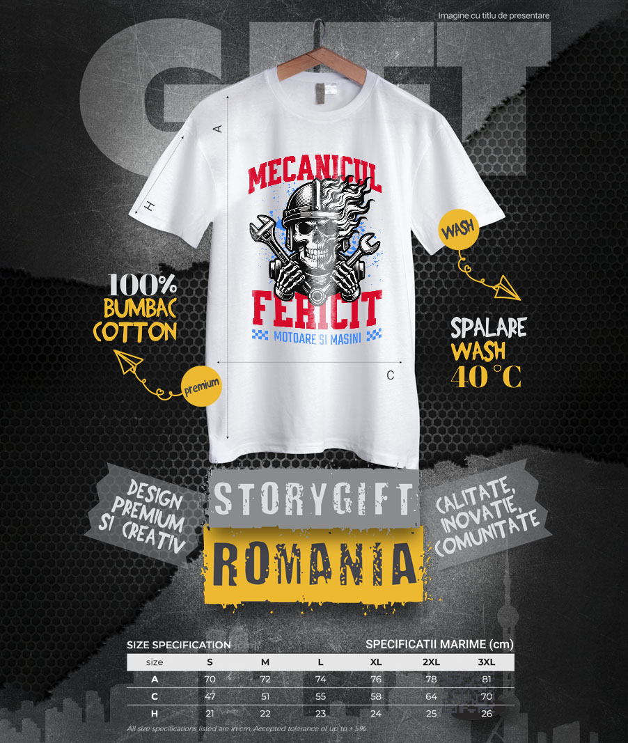 Tricou Femei, Barbati, Copii, Fata, Baiat, Unisex Personalizat Craniu cu Cască și Flăcări – Mecanicul Fericit, Pasiune pentru Motociclete [3]