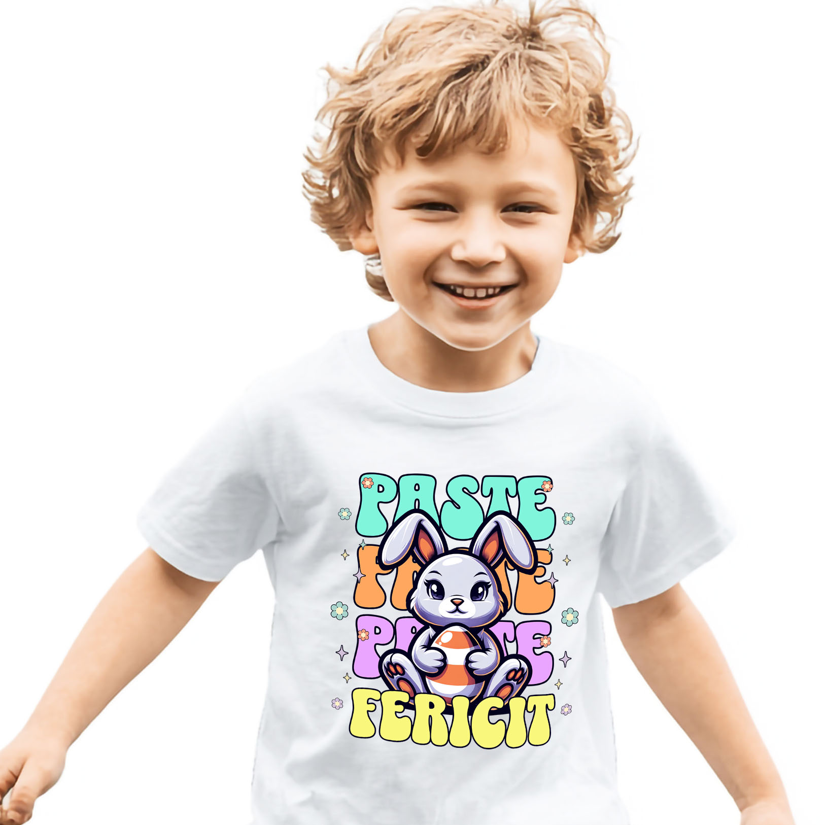 Tricou Femei, Barbati, Copii, Fata, Baiat, Unisex Personalizat "Iepure de Paște Vesel cu Ou Colorat – Paște Fericit și Sărbători Vesele"